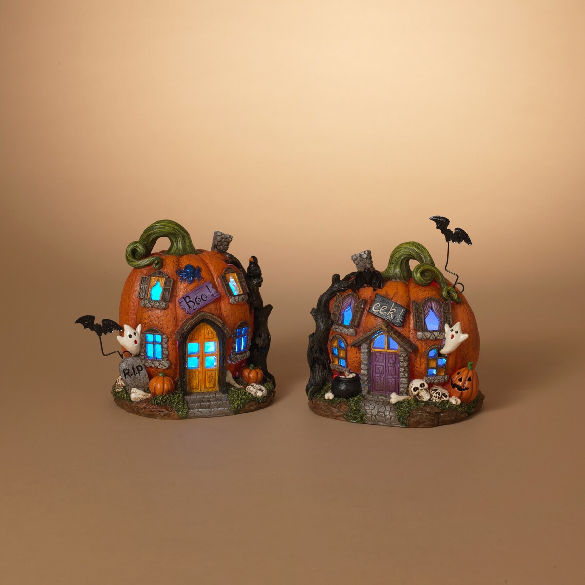 8.4 Inches Battery Operated Lighted Halloween Pumpkin Houses Set of 2