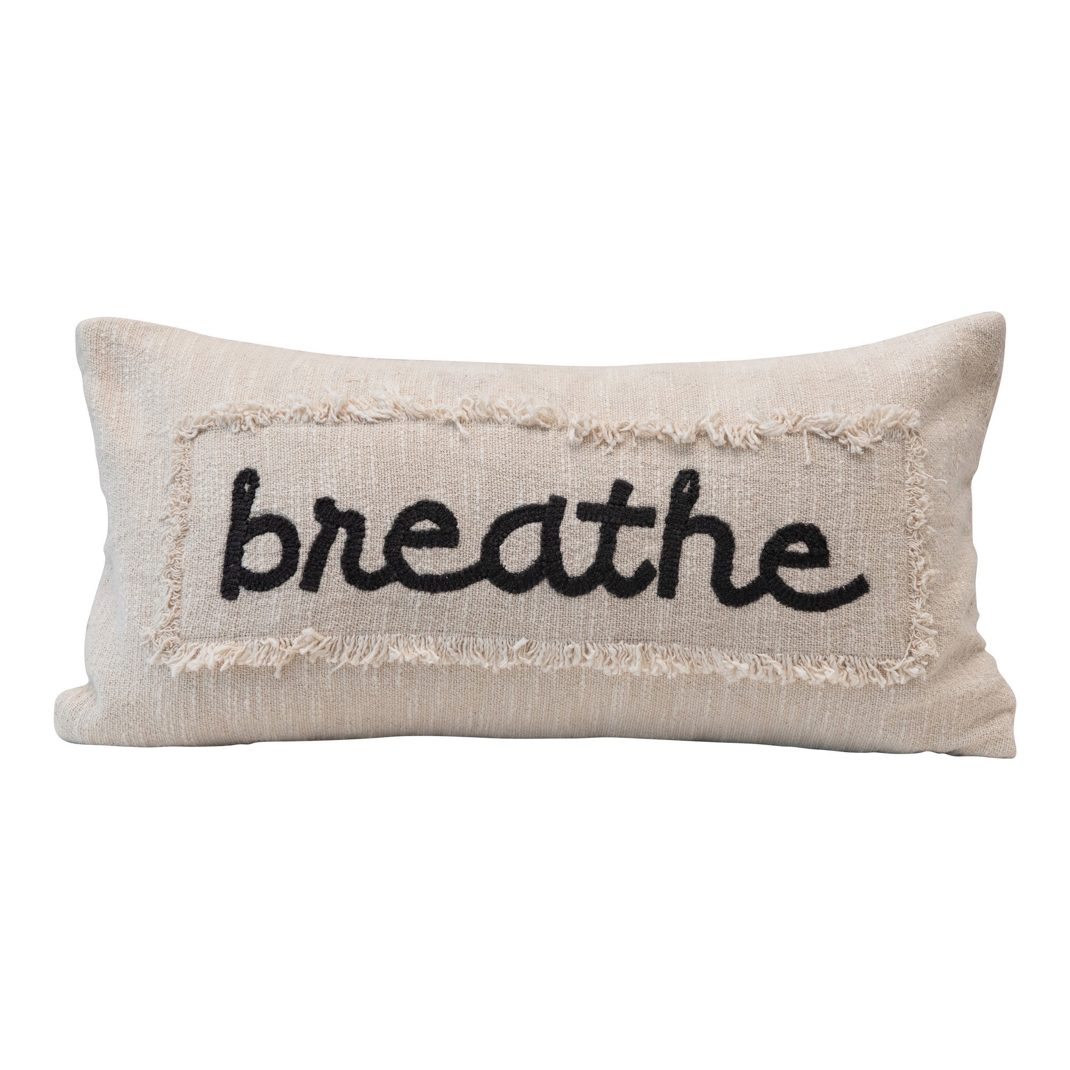 Embroidered Cotton Pillow Breathe with Eyelash Fringe, Cream & Charcoal Color