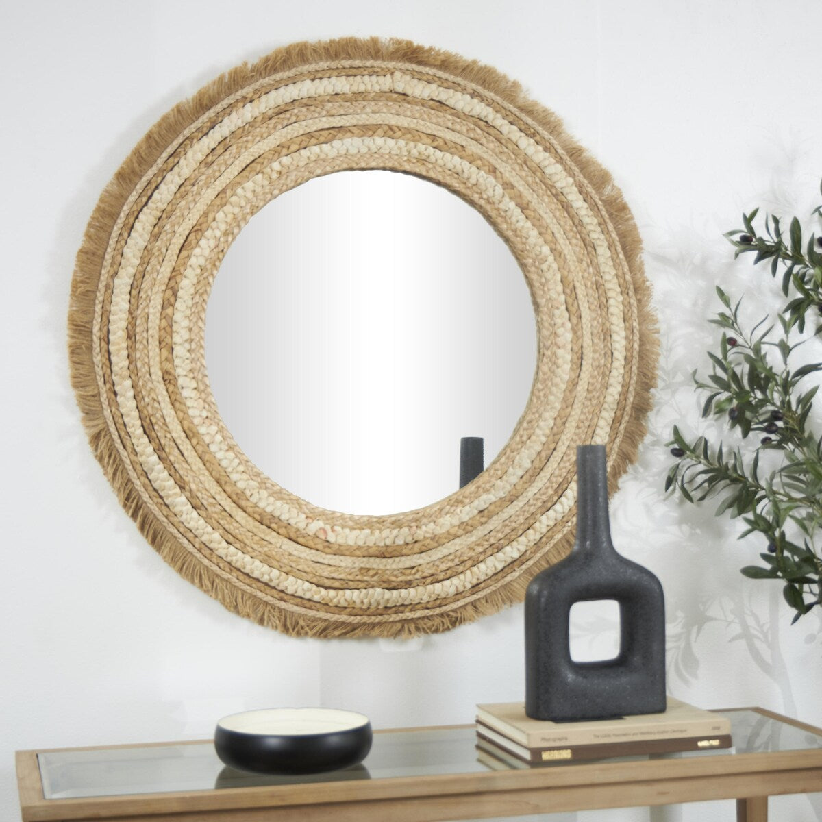 Wooden Woven Room Wall Mirror with Fringe Ends - Beige - Roche River Decor