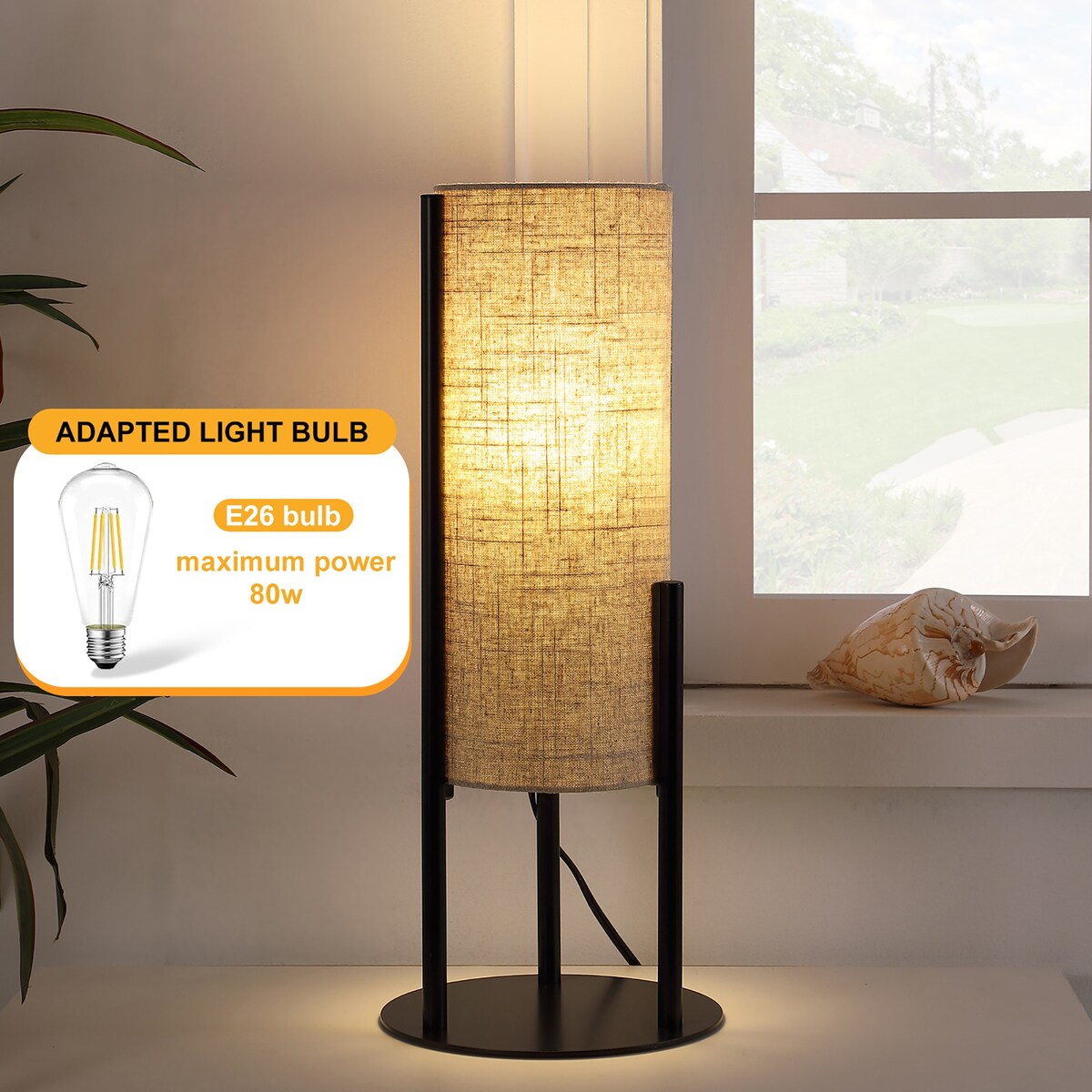 22 In. H Modern Upright Beige Linen Drum Accent Table Lamp