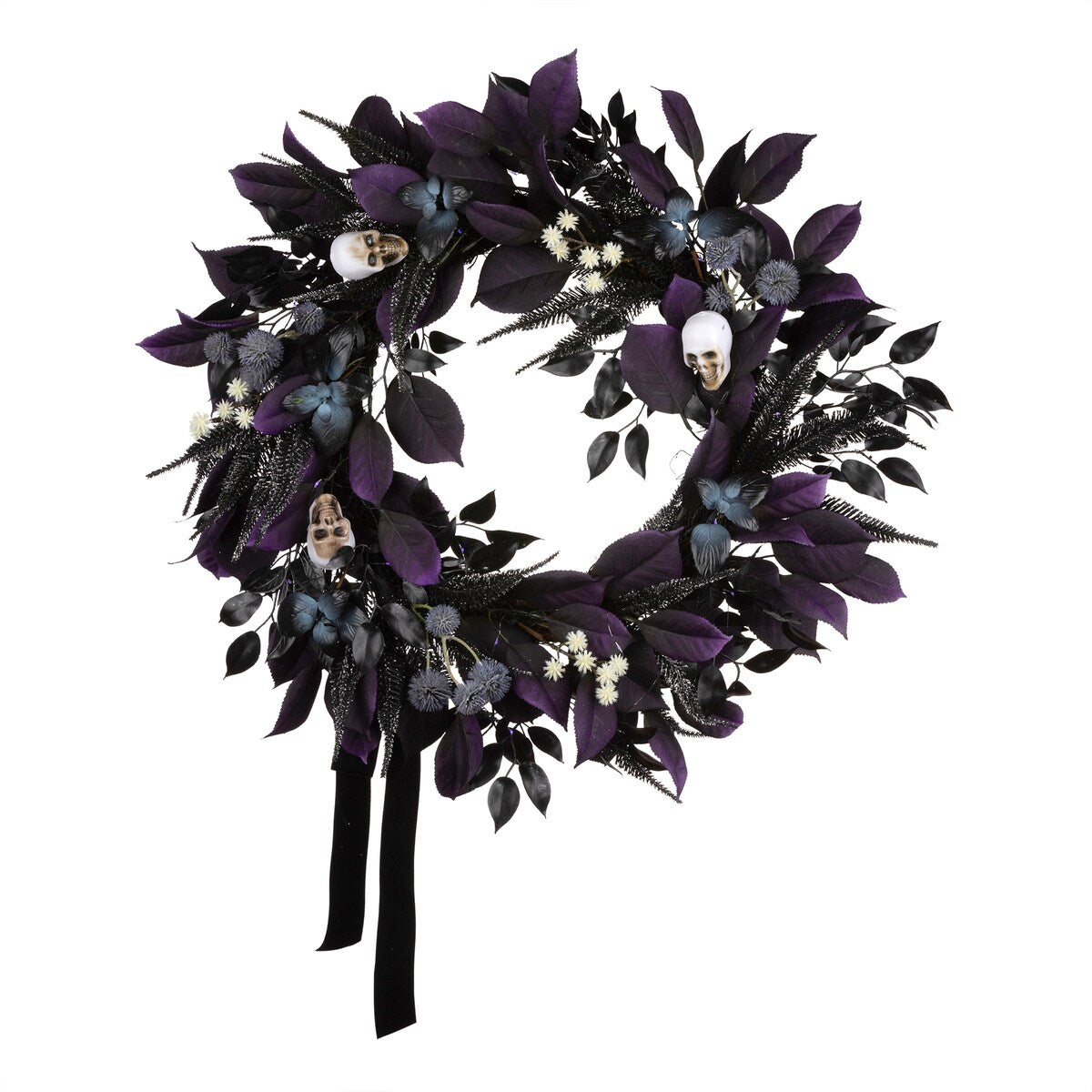 National Tree Company 26 Artificial Floral Mini Skull Wreath, 30 Purple LED Lights, Battery Operated