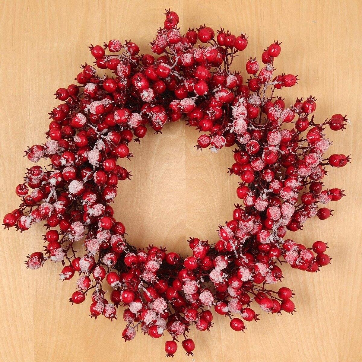 Floral Home 24 Red Frosted Berry Wreath, Iced Hawthorn Twig Berries