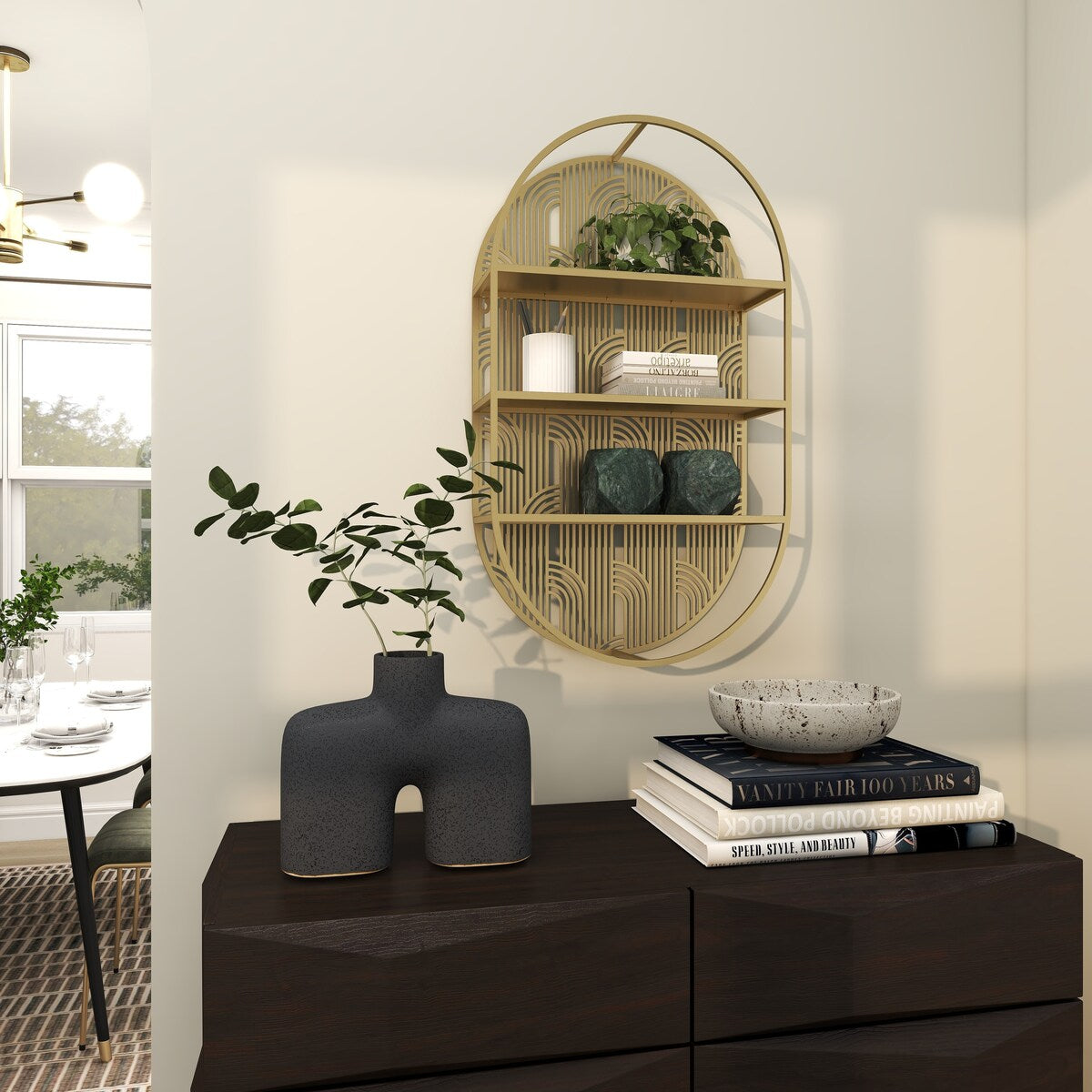 Metal Geometric Oval 3 Level Wall Shelf with Arch Pattern - Gold - CosmoLiving by Cosmopolitan