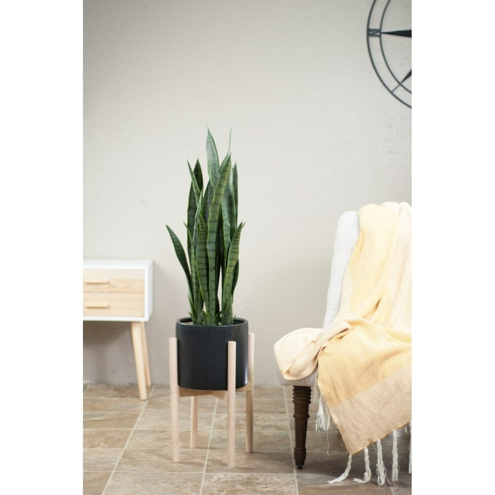 UPshining Large Ceramic Planter 10 Black with Wood Stand Natural