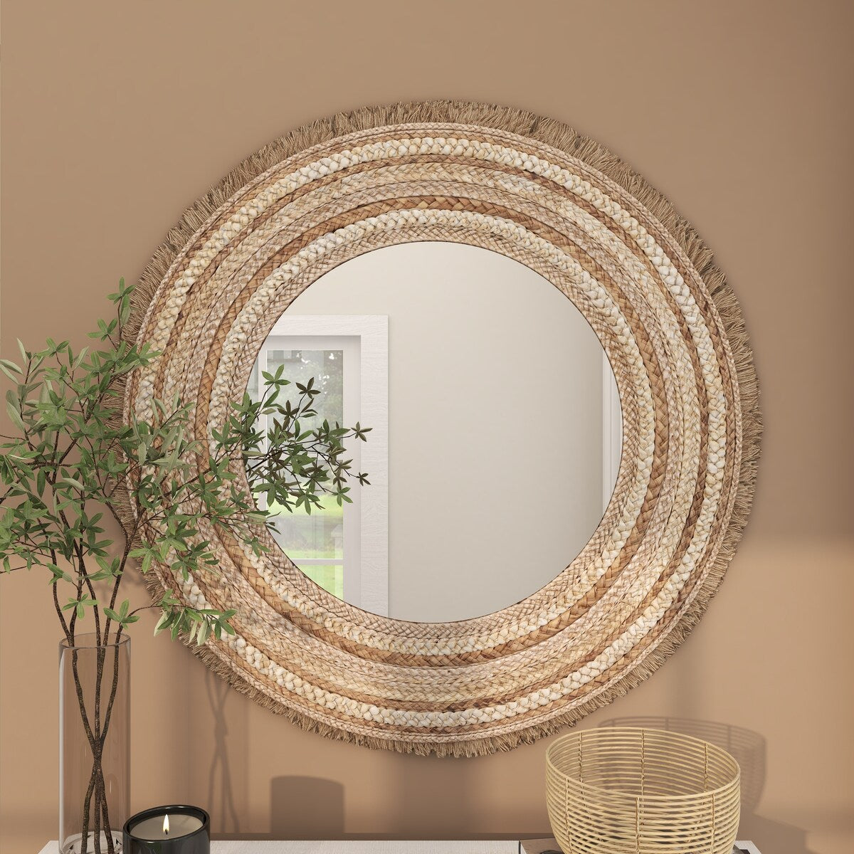 Wooden Woven Room Wall Mirror with Fringe Ends - Beige - Roche River Decor