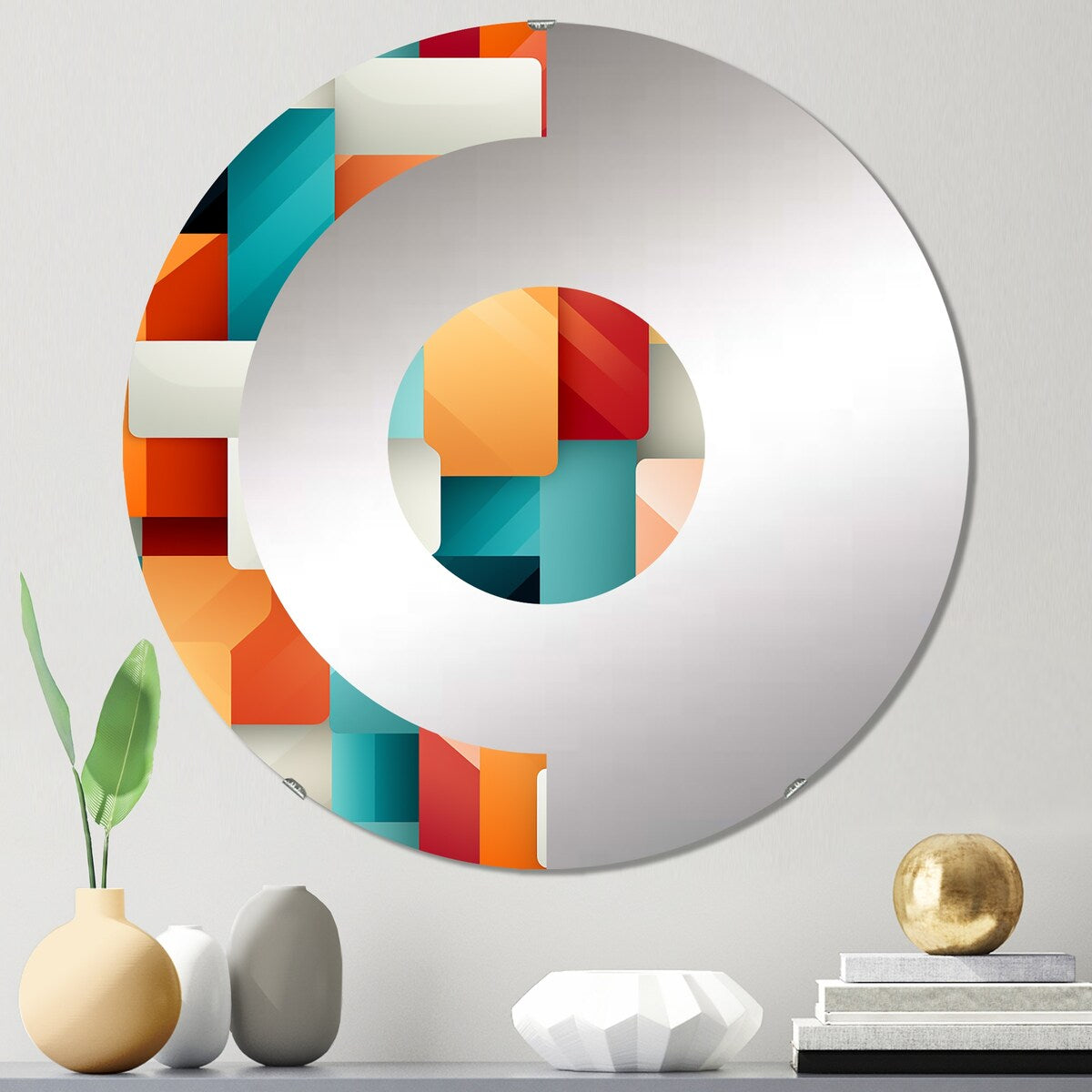 Designart Orange And Green Popart Pop Culture Pixels - Modern Striped, Abstract Half Circle Wall Mirror