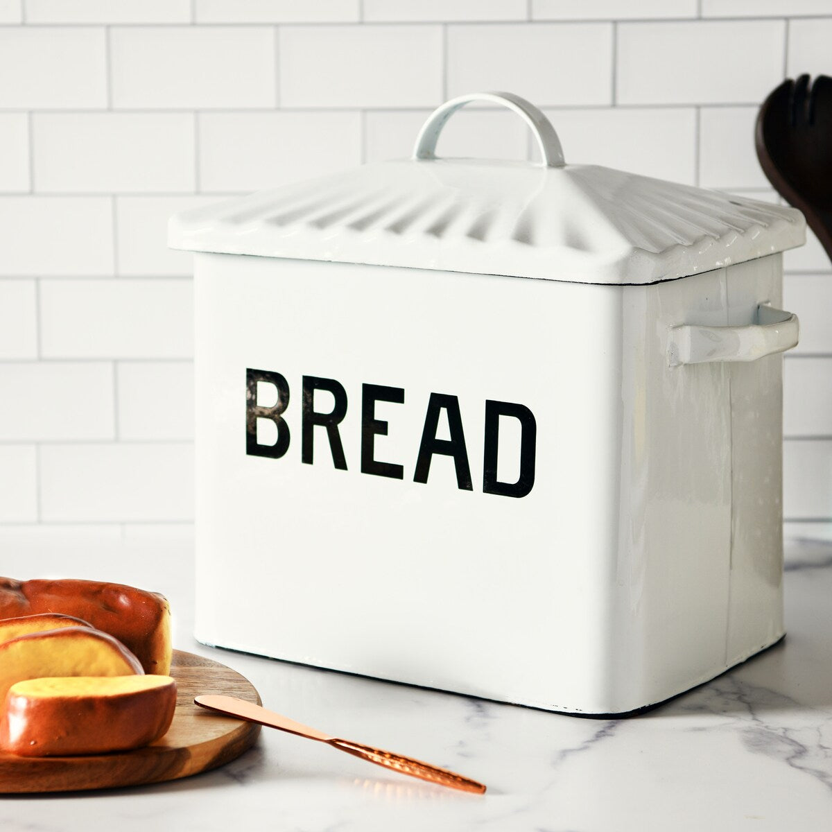 Enameled Metal Bread Box with Bread Message