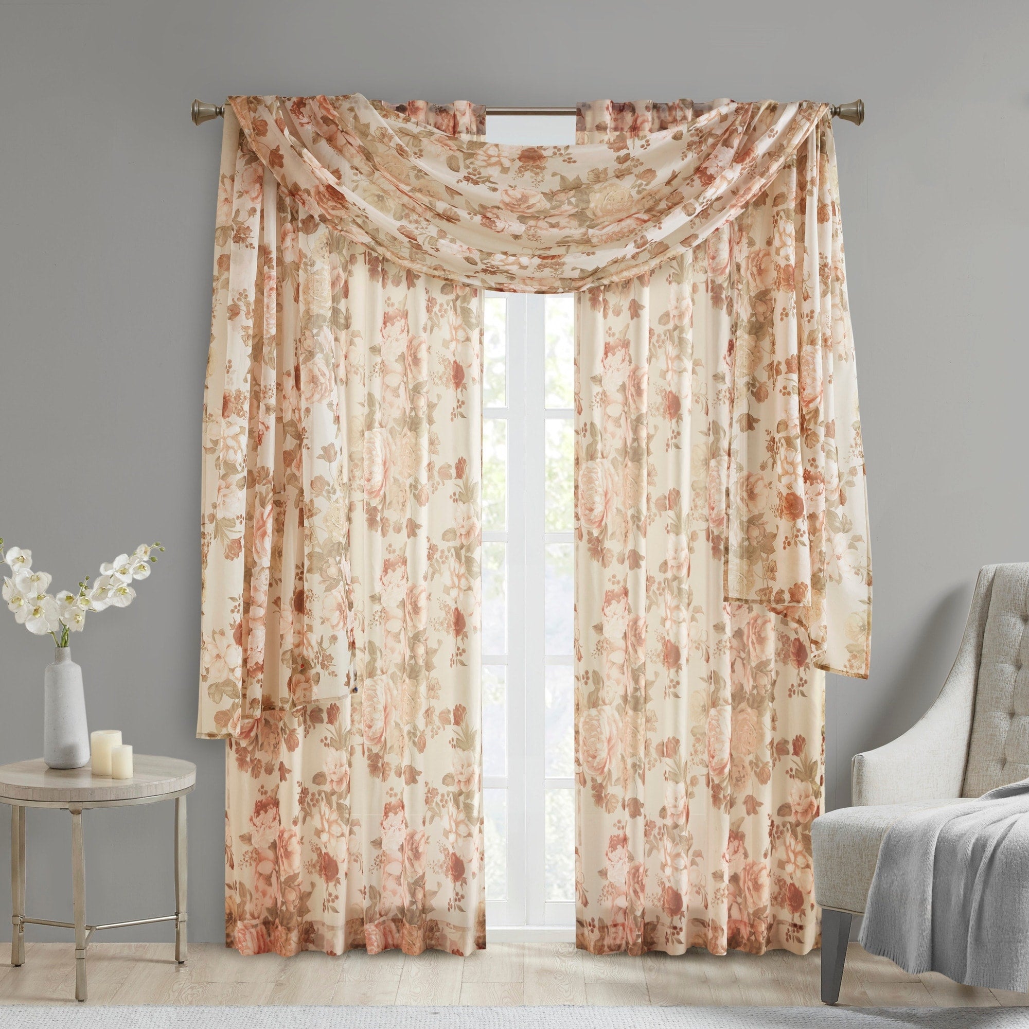 Madison Park Abelia Printed Floral Rod Pocket and Back Tab Voile Sheer Curtain