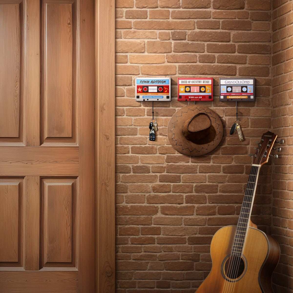 American Art Decor Grand Ole Opry Wooden Cassette Tape Wall Hook Set of 3