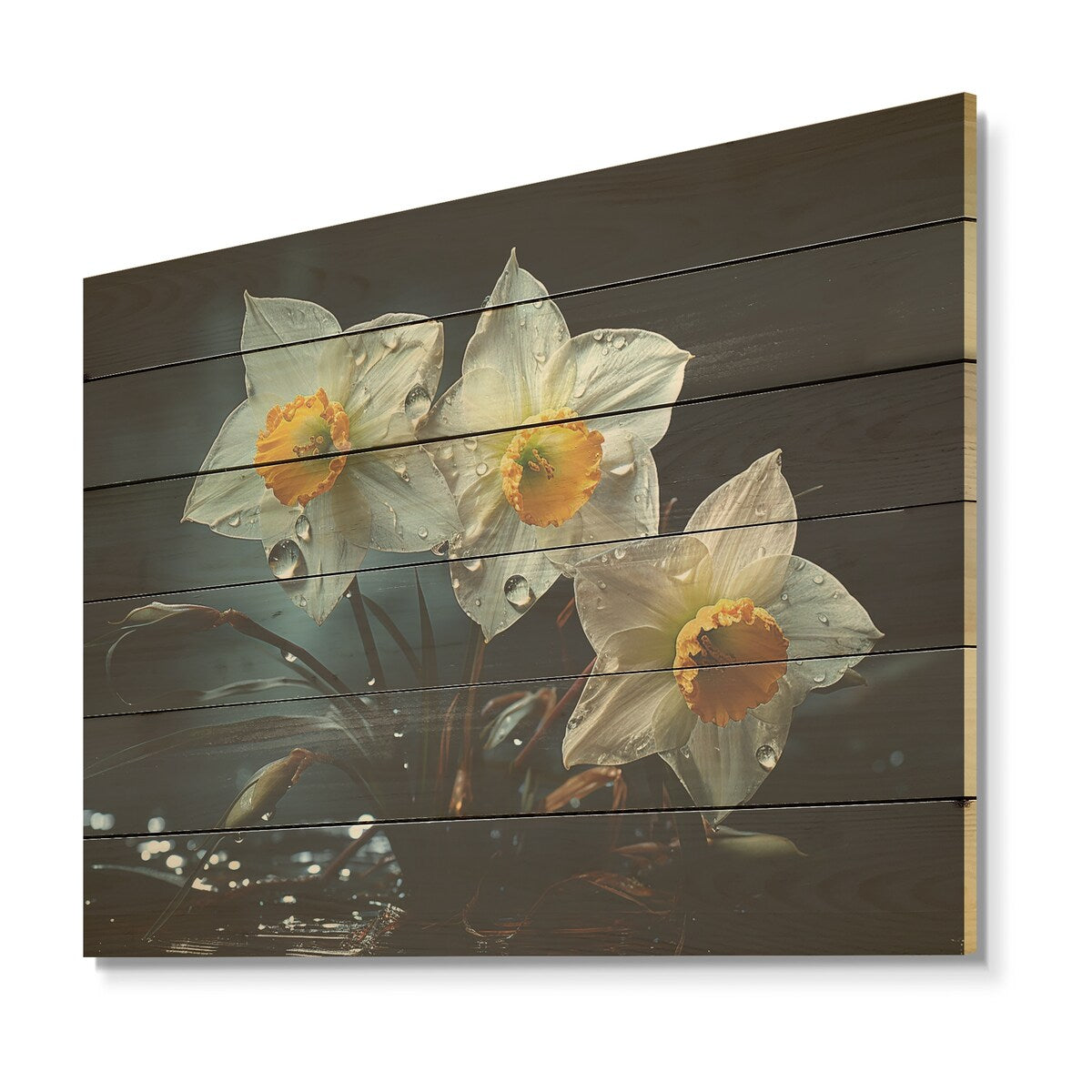 Designart Dewy Daffodils At Sunrise I Daffodils Wood Wall Decor - Traditional Silver Wood Panel On Natural Pine Wood