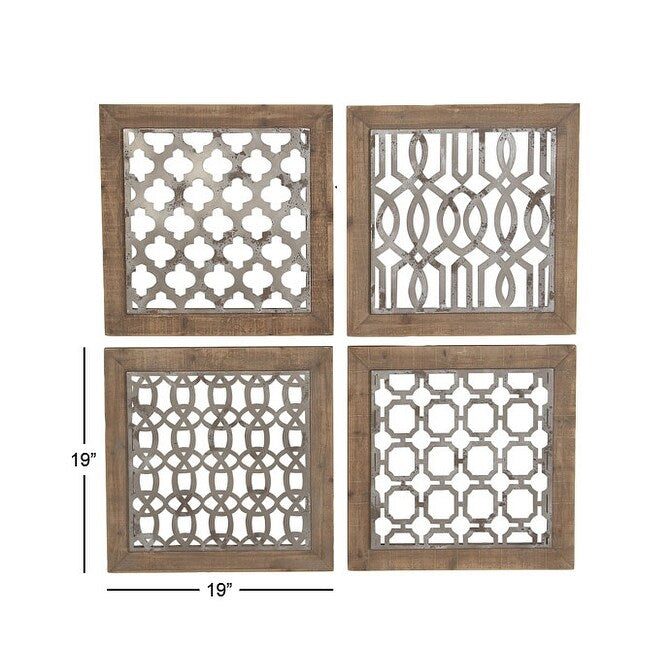 Wood Geometric Home Wall Decor with Silver Metal Trellis Cutouts - Set of 4 Brown - Roche River Decor