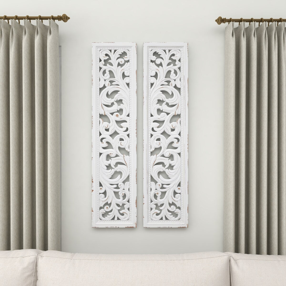 Wood Scroll Handmade Slim Distressed Carved Panel Home Wall Decor - Set of 2 White - Roche River Decor