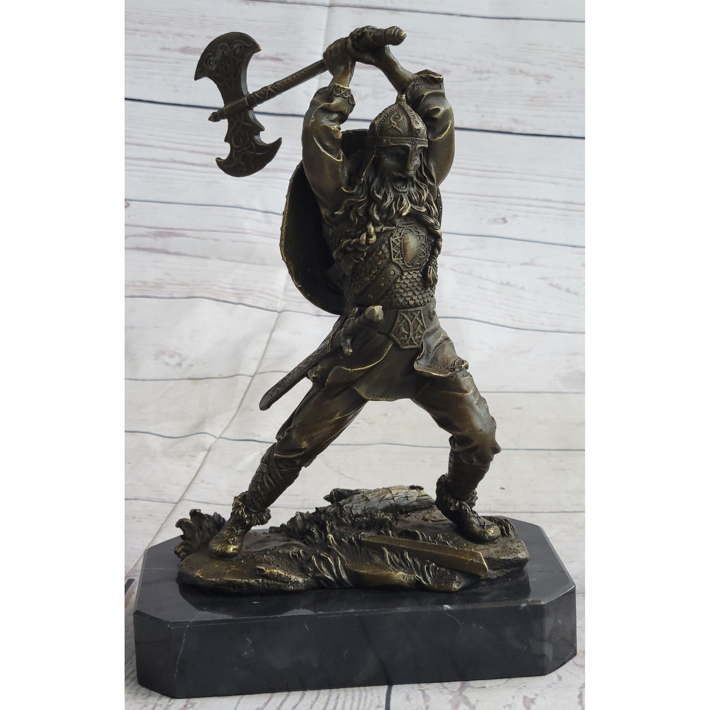 Nordic Viking Norse Warrior W/ Battle Axe Bronze Statue Sculpture Original Art 10 Inches X 7 Inches