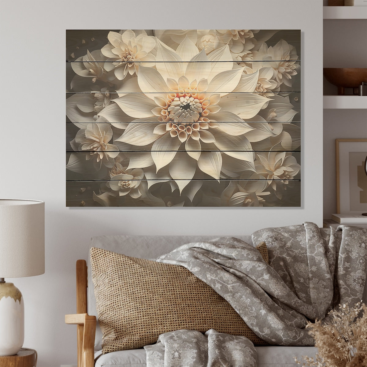 Designart Minimalism White Dahlia I Dahlia Wood Wall Decor - Traditional Black Wood Panel On Natural Pine Wood