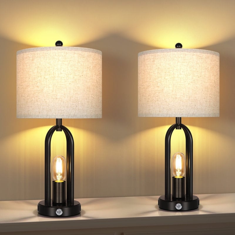 22 inch Black Table Lamp with Fabric Lampshade and Dimming Bulb (Set of 2）