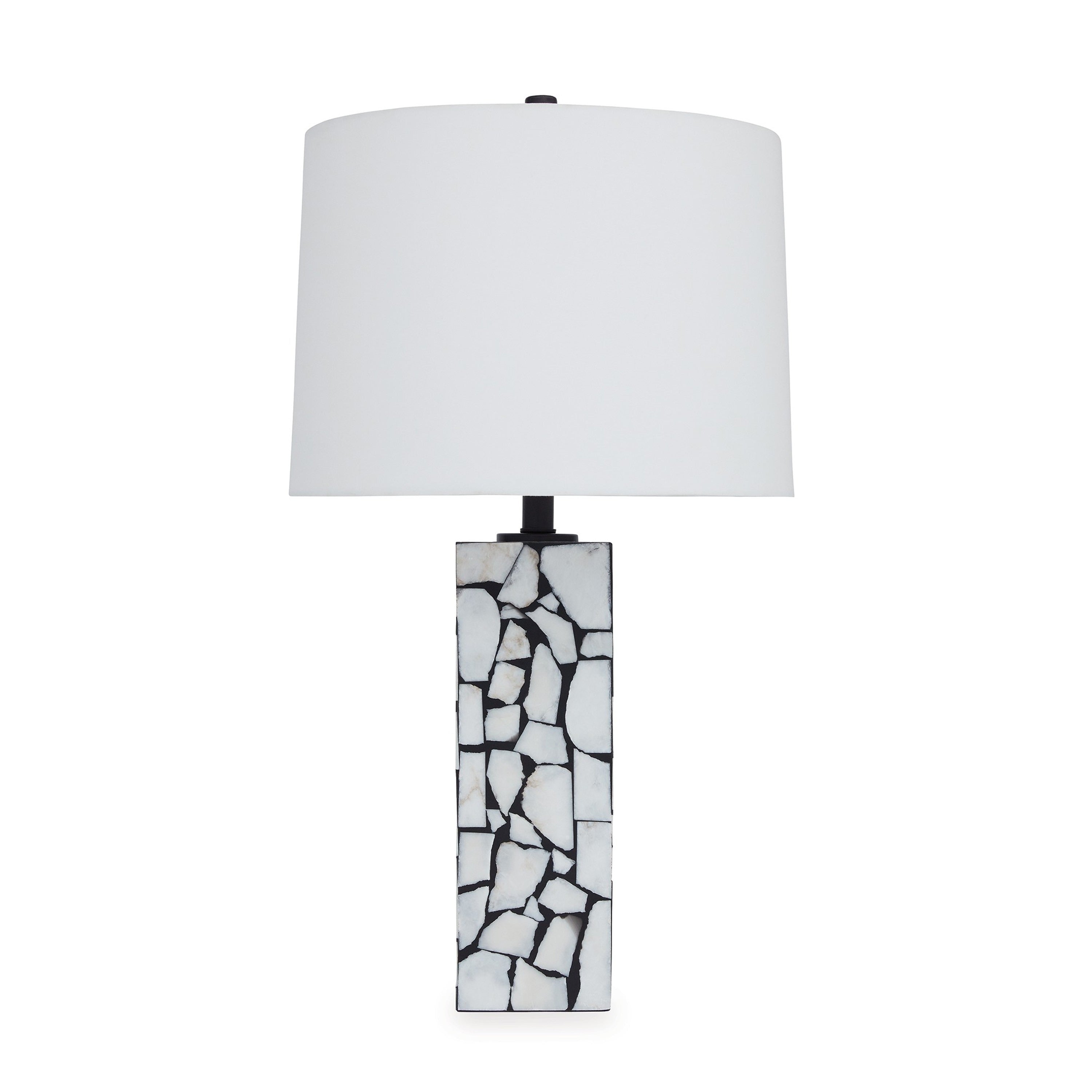 28 Inch Table Lamp, Drum Shade, Black and White Mosaic Marble Art Resin