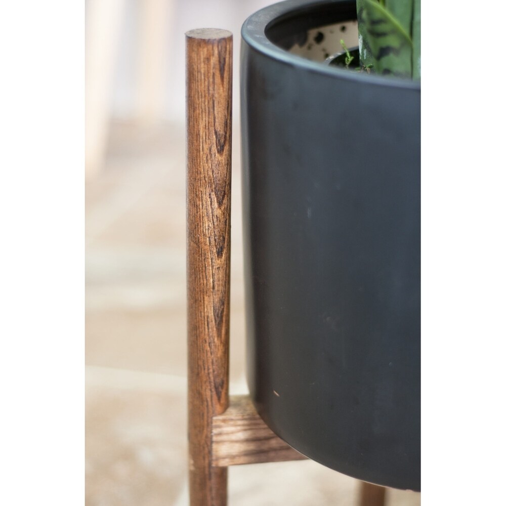 UPshining Large Ceramic Planter 10 Black with Wood Stand Dark Walnut - 8' x 10'