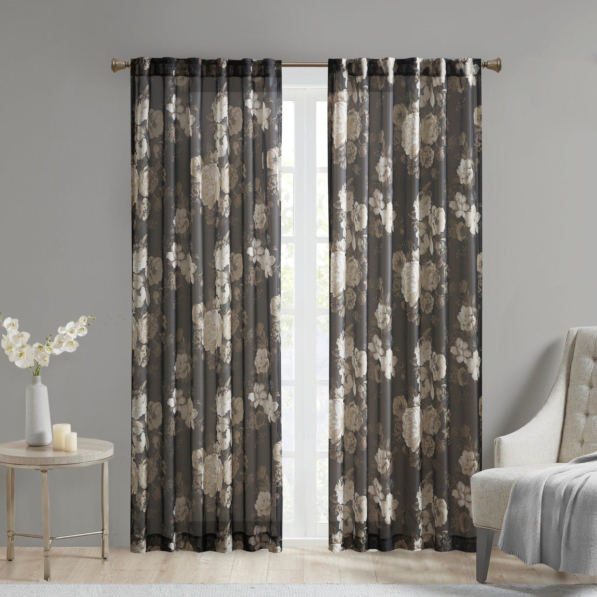 Madison Park Abelia Printed Floral Rod Pocket and Back Tab Voile Sheer Curtain