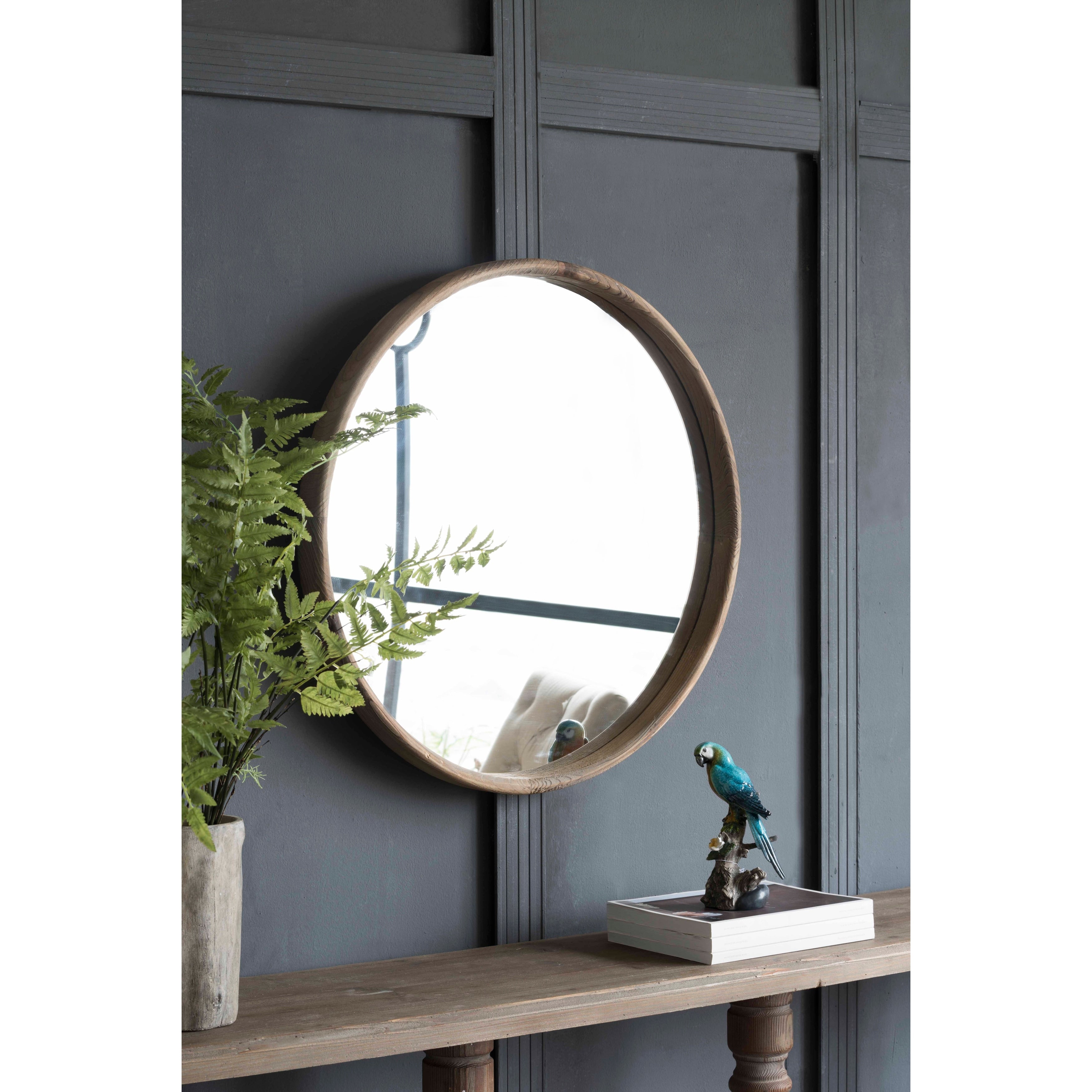 28 Round Wood Mirror, Wall Mounted Mirror Home Decor for Bathroom Living Room - Brown