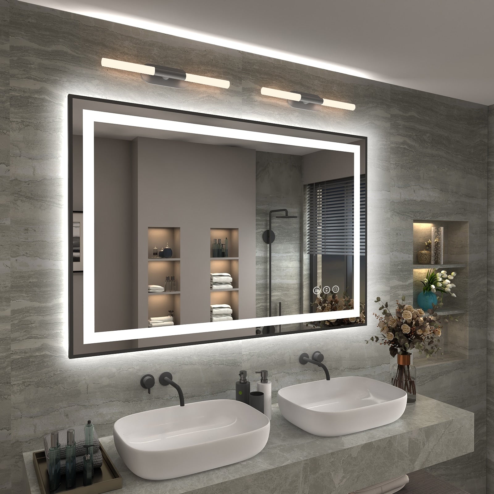 KIOTEE Super Bright Front & Back LED Lighted Anti-Fog Wall Bathroom Vanity Mirror in Tempered Glass