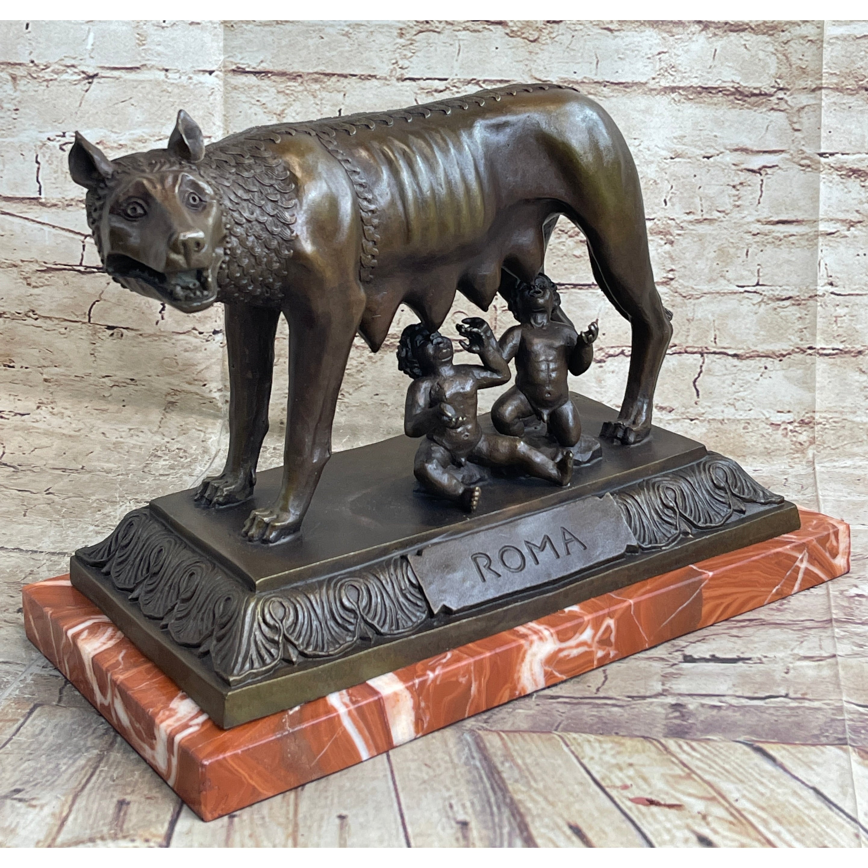 The Capitoline Wolf Romulus Remus Bronze Metal Statue Sculpture On Rose Marble Base 12 Inches X 15 Inches