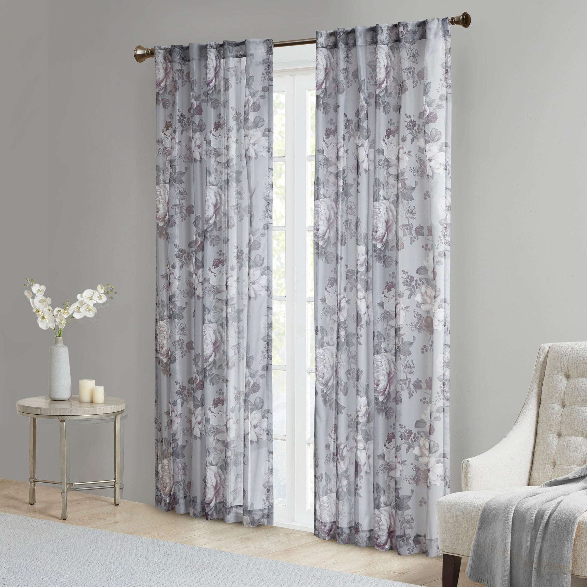 Madison Park Abelia Printed Floral Rod Pocket and Back Tab Voile Sheer Curtain