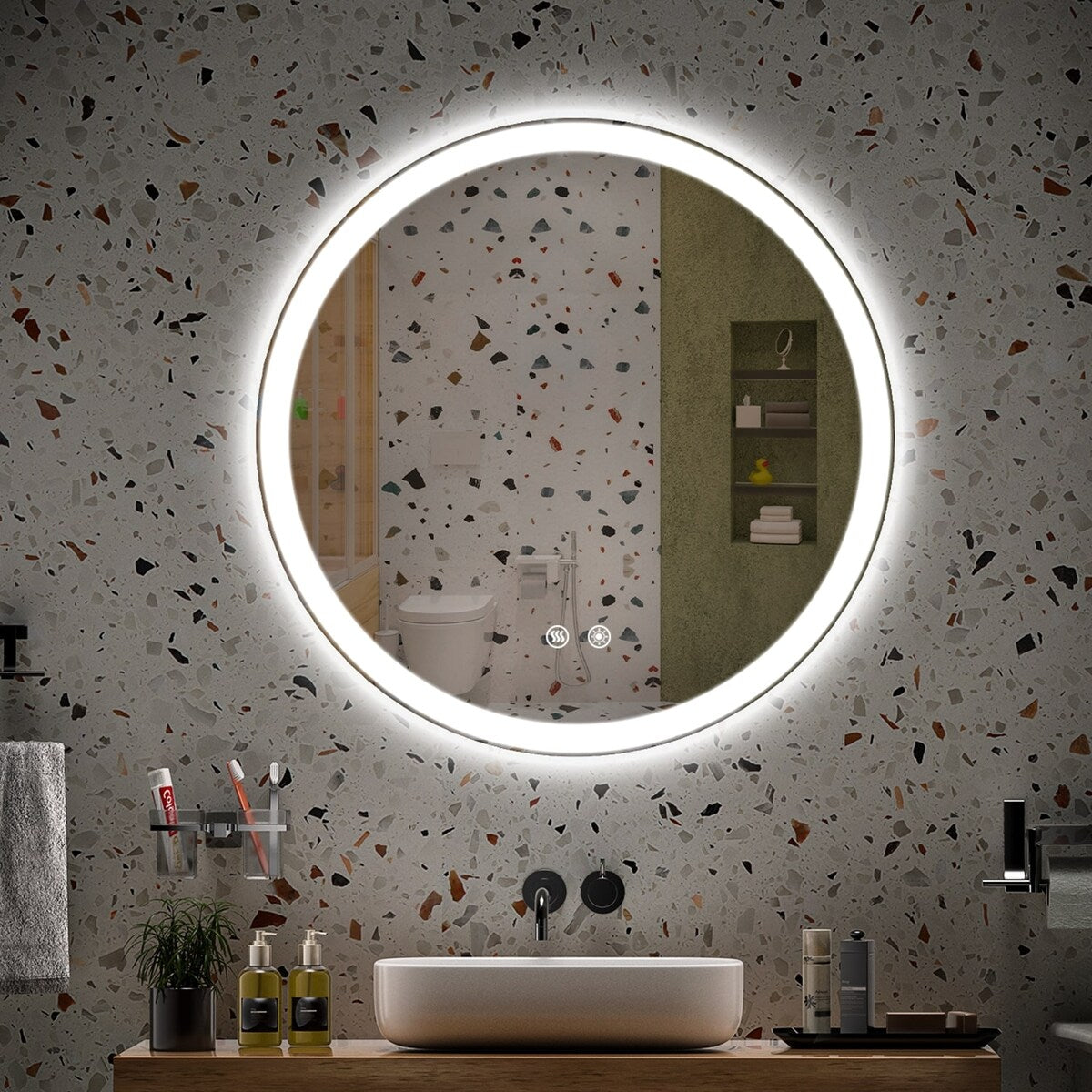 LED Lighted Dimmable Anti Fog Frameless Rounded Vanity Mirror