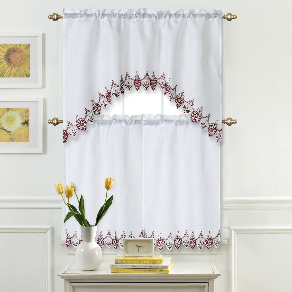 Home Décor Drapery Rod Pocket Lace Embroidered Kitchen Window Curtain Swag Valance and Tier Panel Set, Burgundy White Floral