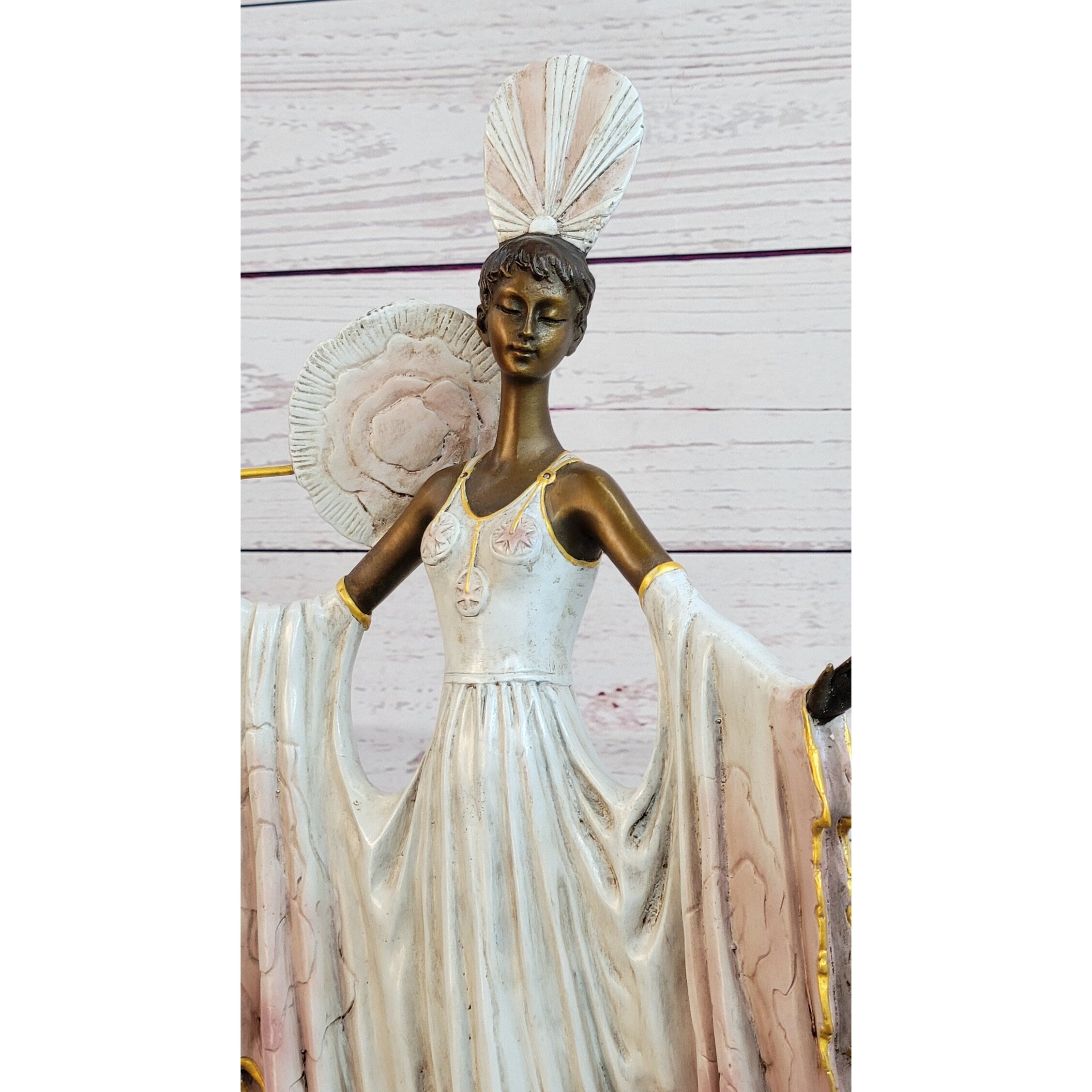 Fan Lady By Julius Erte Bronze Sculpture Green Marble Base Figurine Statue Art