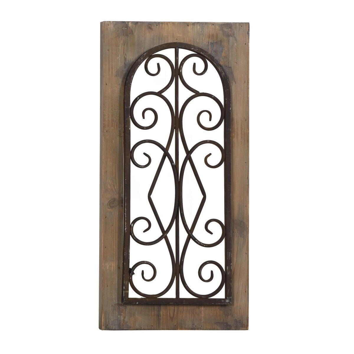 Wood Scroll Window Inspired Home Wall Decor with Metal Scrollwork Relief - Brown - Roche River Decor