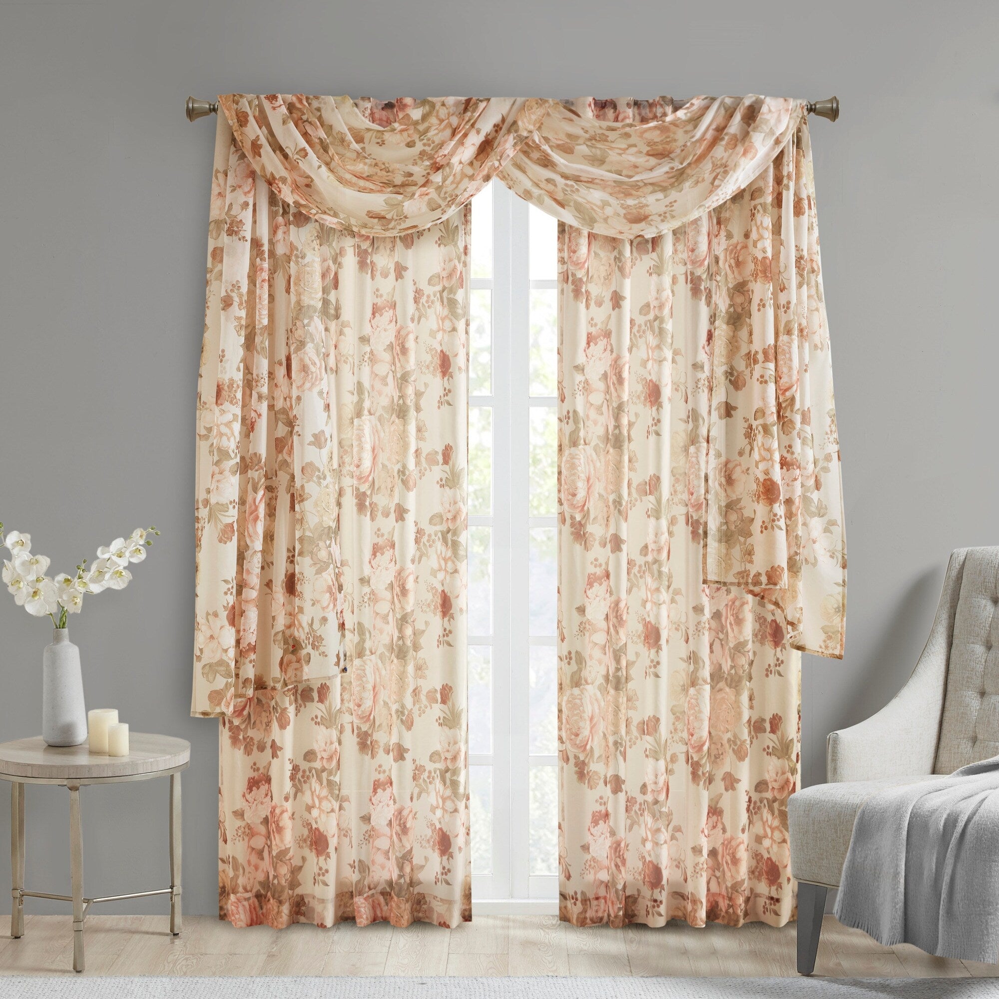 Madison Park Abelia Printed Floral Rod Pocket and Back Tab Voile Sheer Curtain