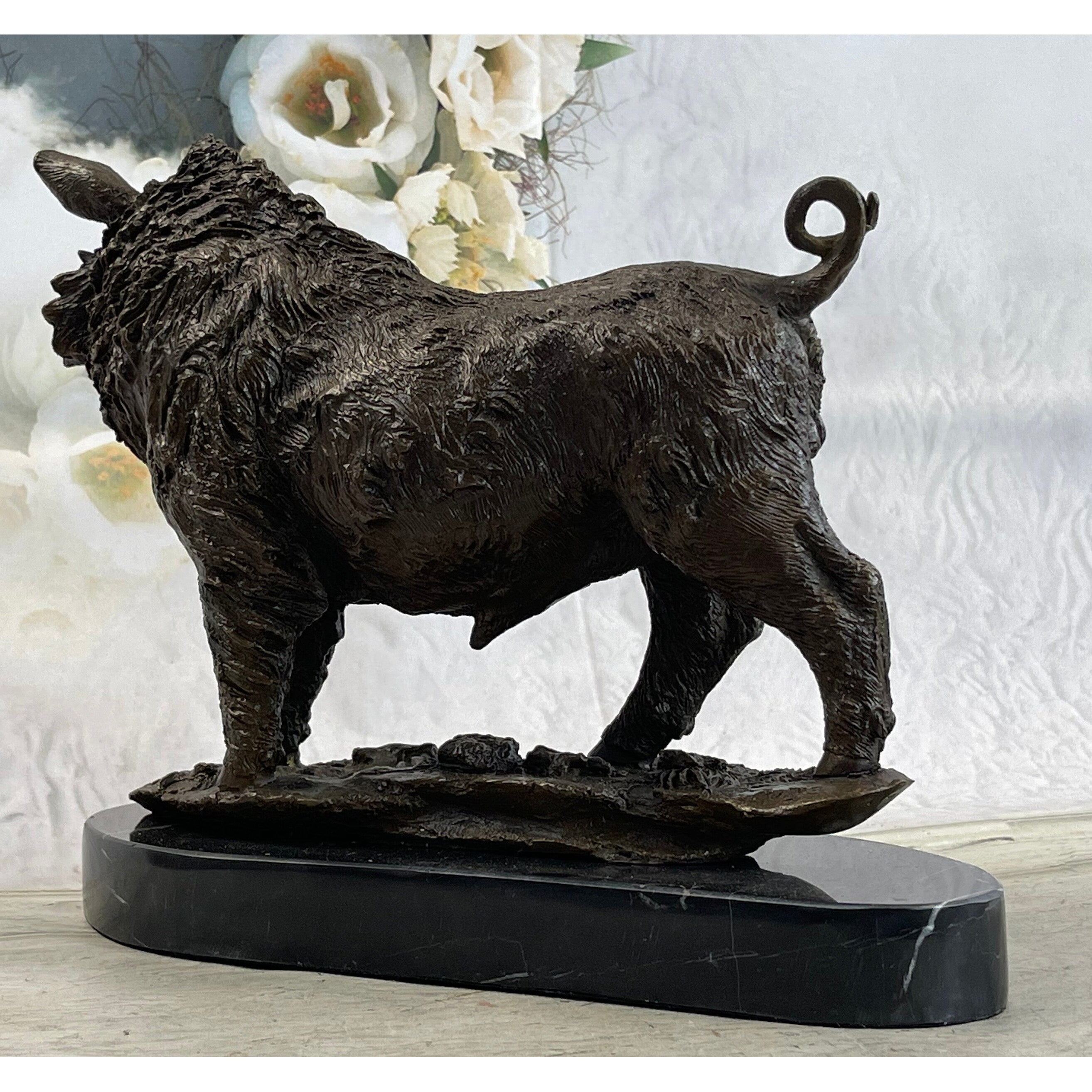 Bronze Sculpture Large Signed Barye Wild Boar Pig Art Deco Marble Figurine Decor