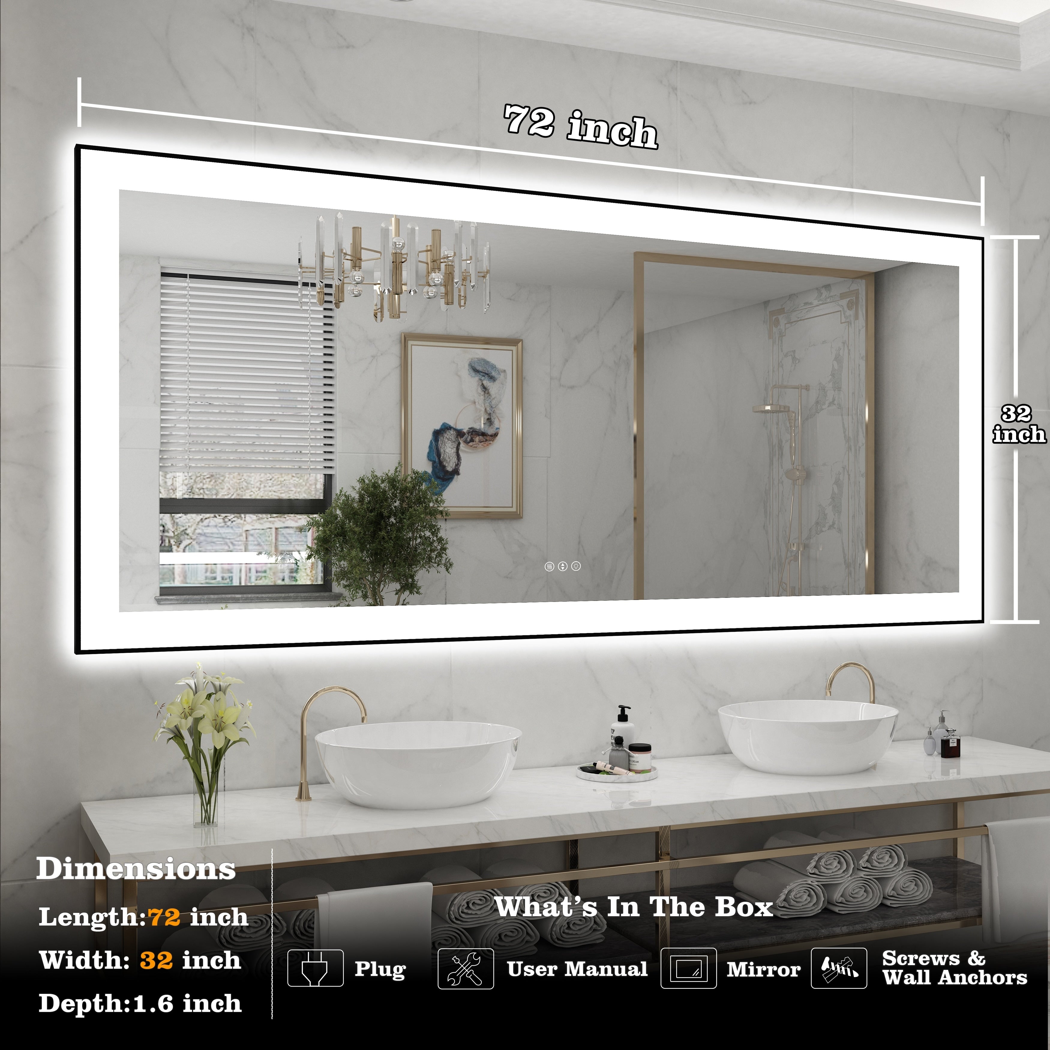 Rectangular Aluminum Framed Backlit and Front Light LED Wall Bathroom Vanity Mirror in Black - N/A