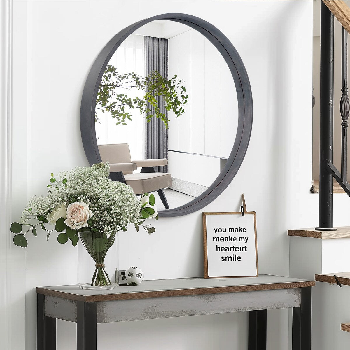 Classic Wooden Frame Farmhouse Round Wall Mirror