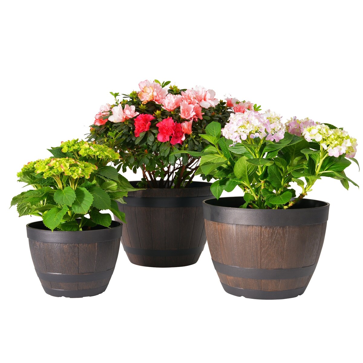 Javlergo (9/11.3/13) 3-Pack Planter, Plastic Whiskey Barrel Planter Decoration Flower Pots with Drainage Holes & Saucer - 13