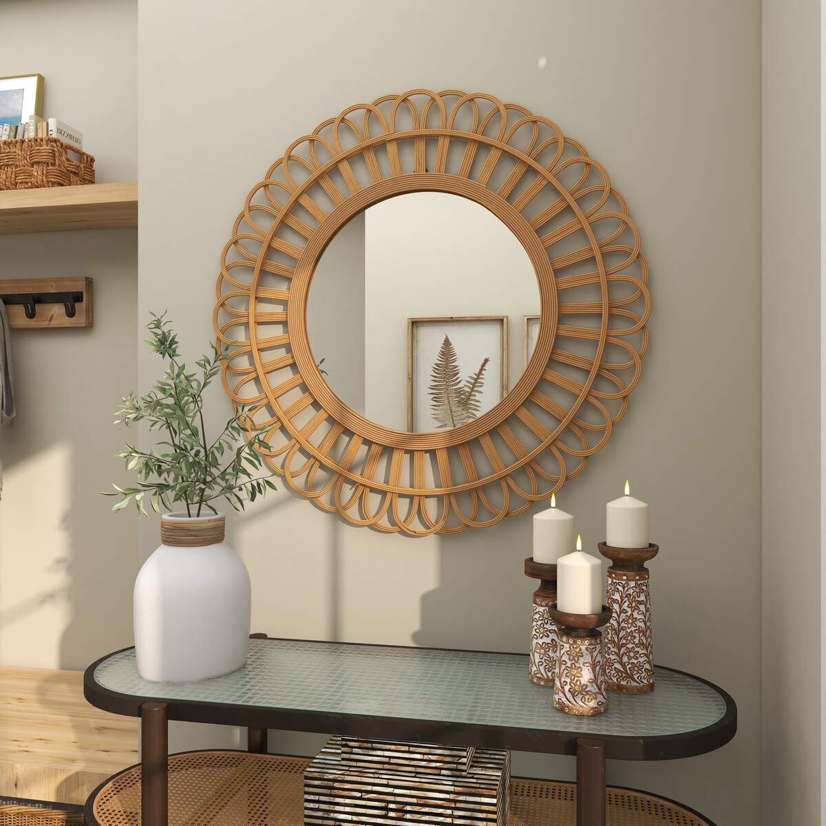 Rattan Starburst Handmade Room Wall Mirror - Brown - Roche River Decor