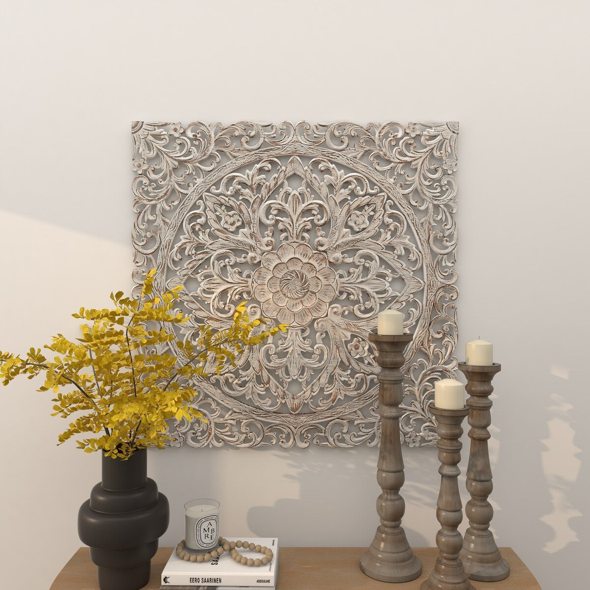 Wood Floral Handmade Intricately Carved Mandala Home Wall Decor with Brown Distressing - White - Roche River Decor