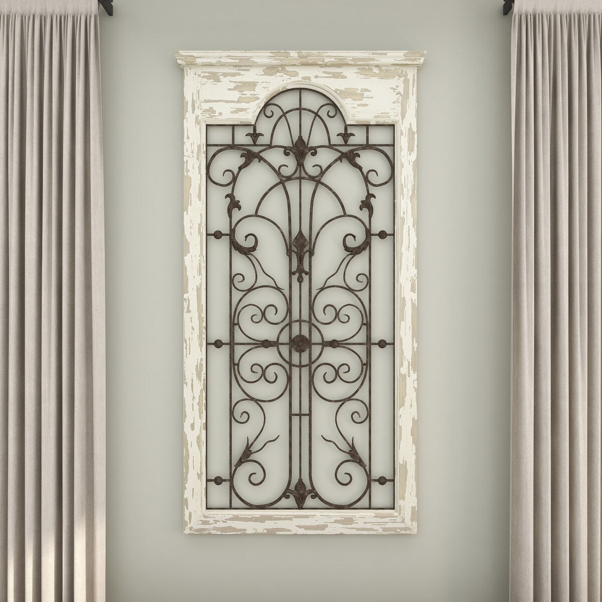 Wood Scroll Distressed Window Inspired Panel Home Wall Decor with Black Metal Fleur De Lis Relief - White - Roche River Decor