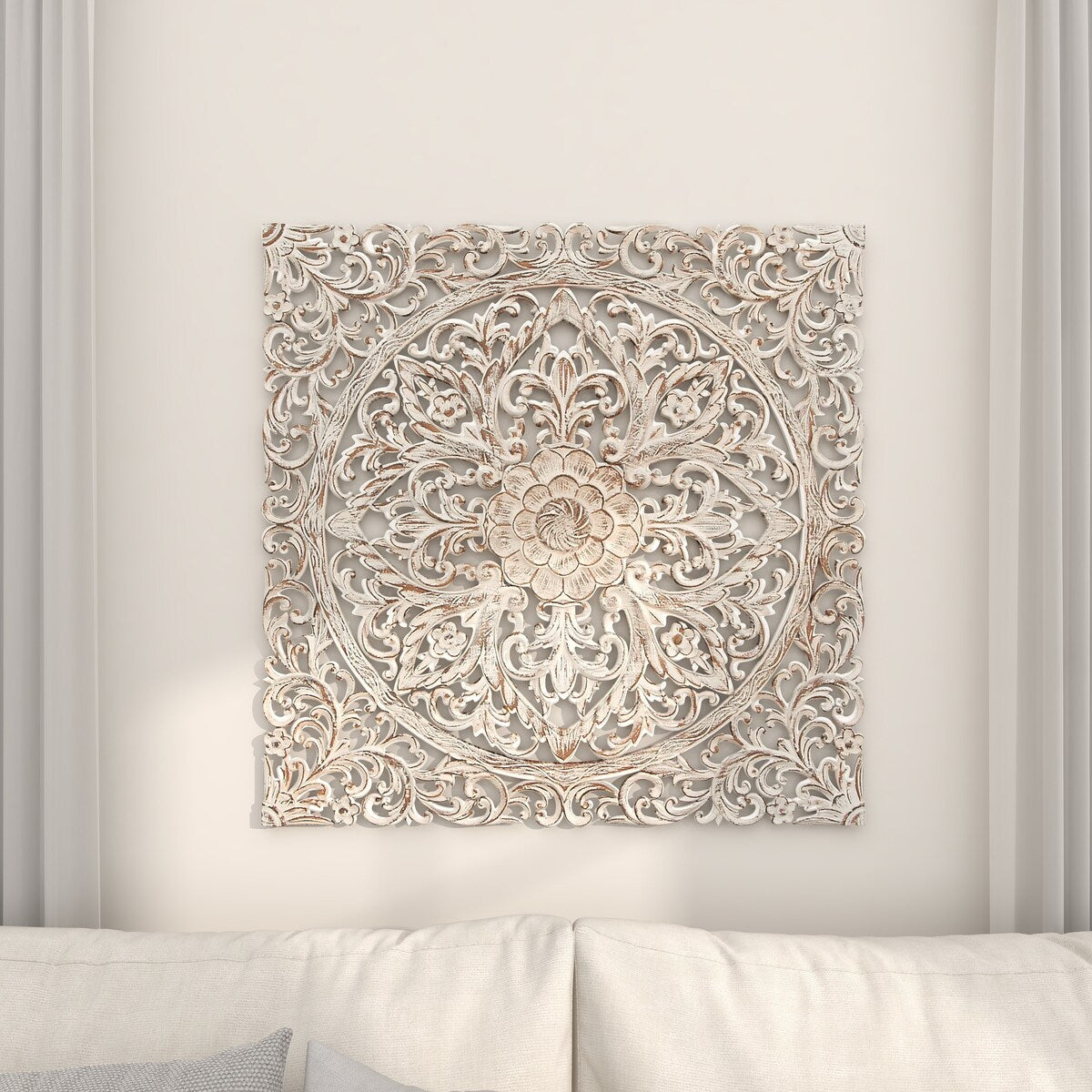 Wood Floral Handmade Intricately Carved Mandala Home Wall Decor with Brown Distressing - White - Roche River Decor