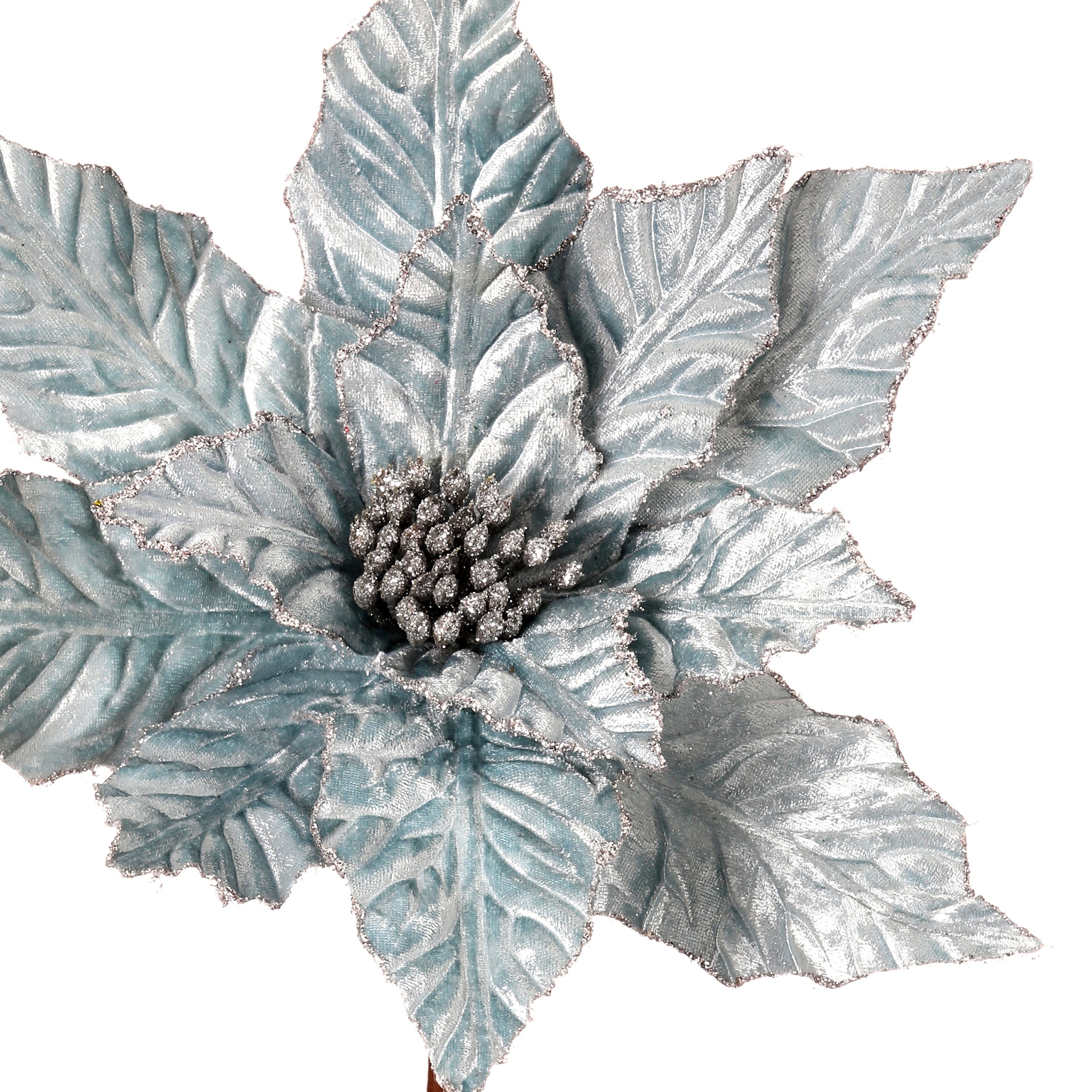 24 Glitter Edge Velvet Poinsettia Stem - Blue - 24