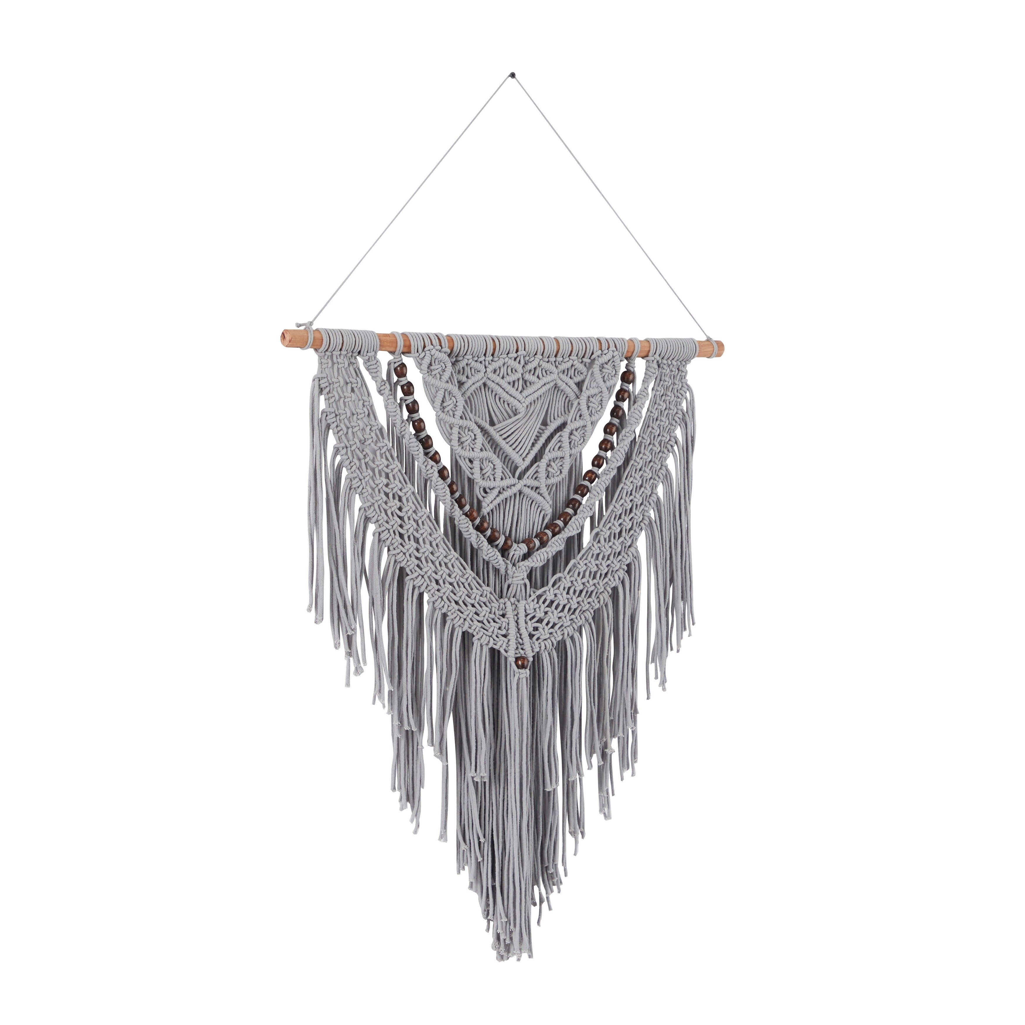 Cotton Handmade Intricately Weaved Macrame Wall Decor with Beaded Fringe Tassels - Gray or Cream