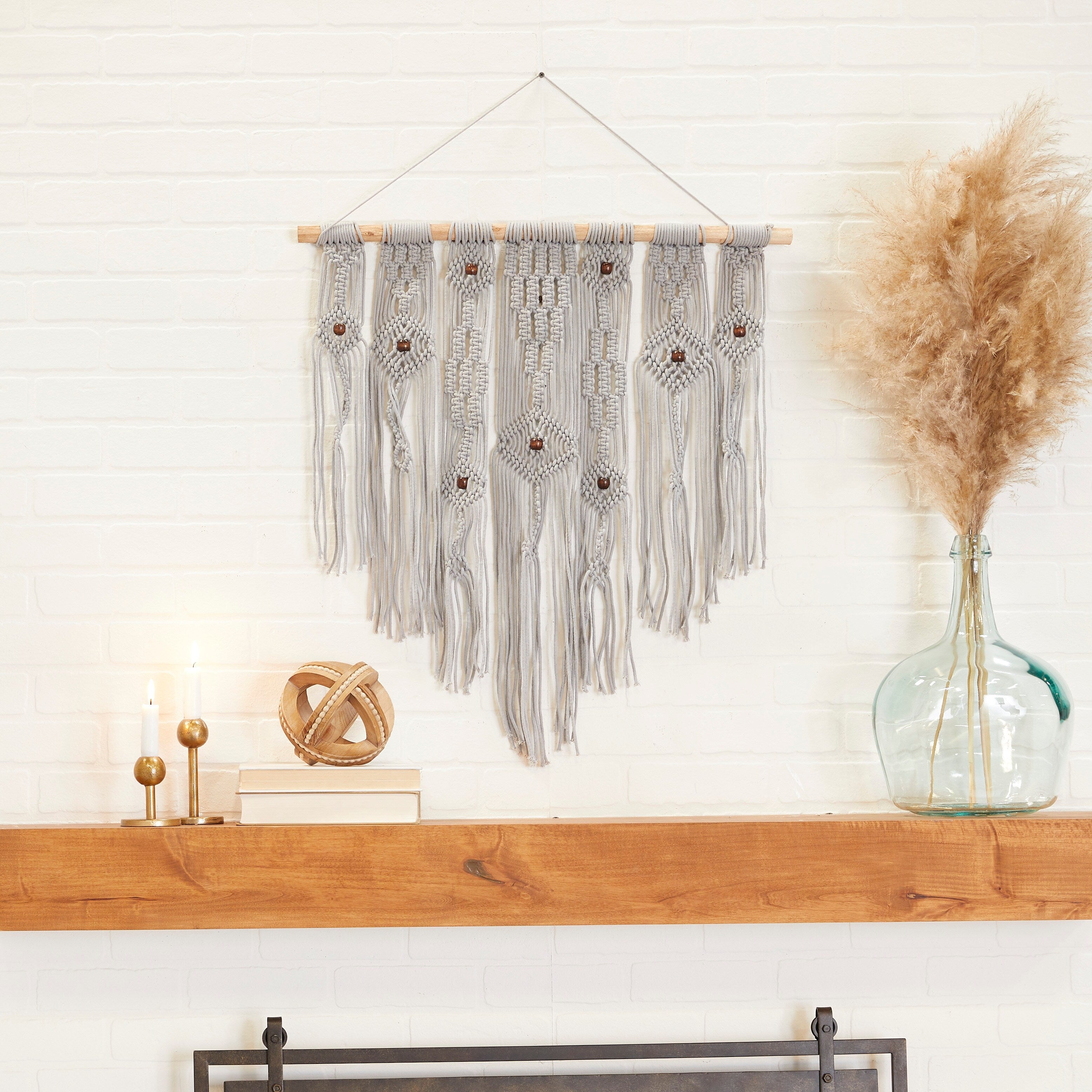 Cotton Handmade Intricately Weaved Macrame Wall Decor with Beaded Fringe Tassels - Gray or Cream