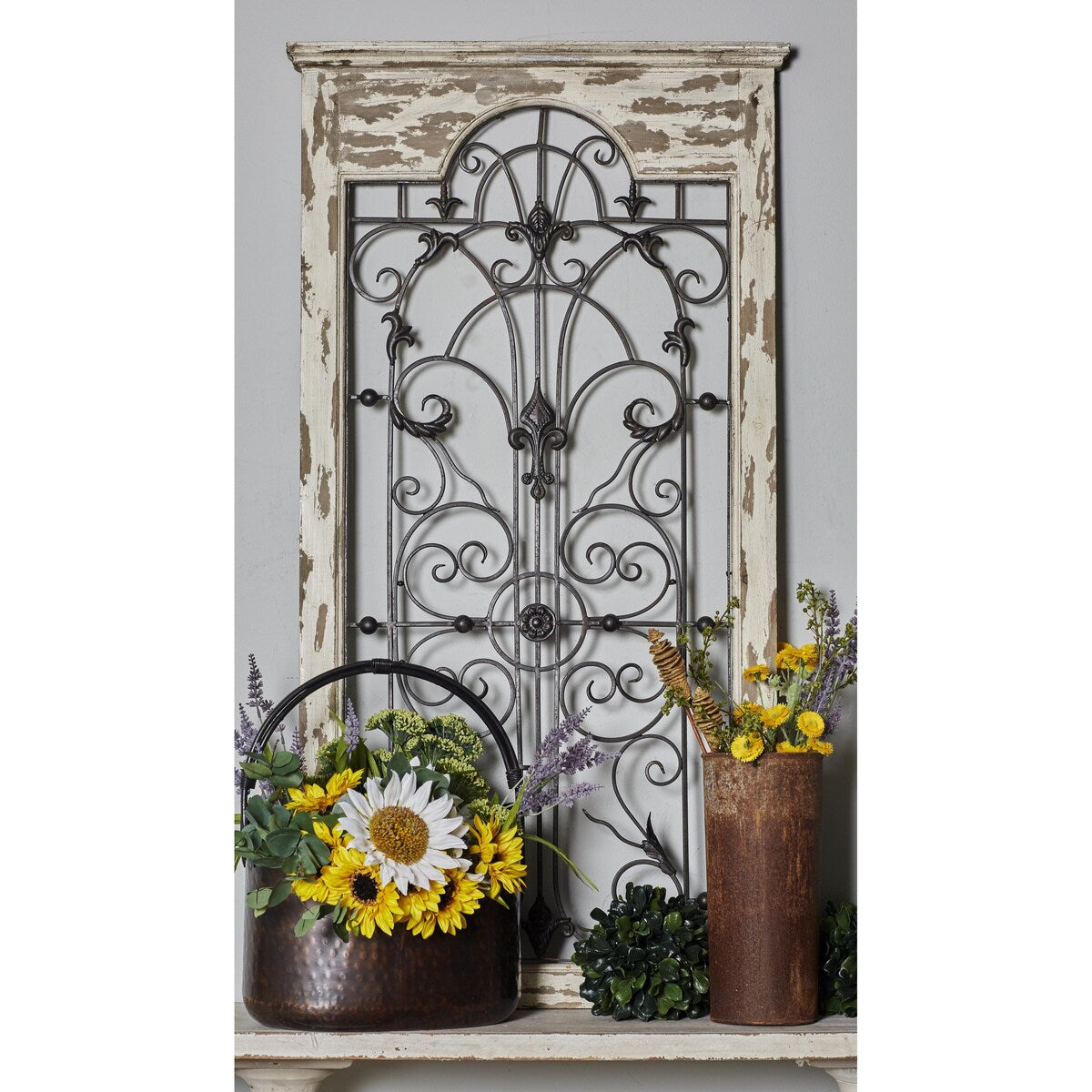 Wood Scroll Distressed Window Inspired Panel Home Wall Decor with Black Metal Fleur De Lis Relief - White - Roche River Decor