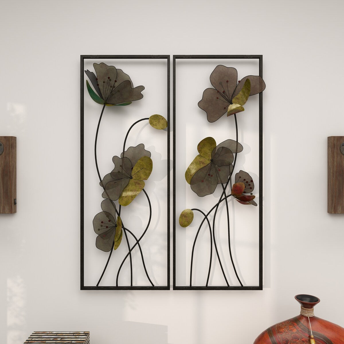 Metal Floral Home Wall Decor with Green and Orange Accents - Set of 2 Black - Roche River Decor