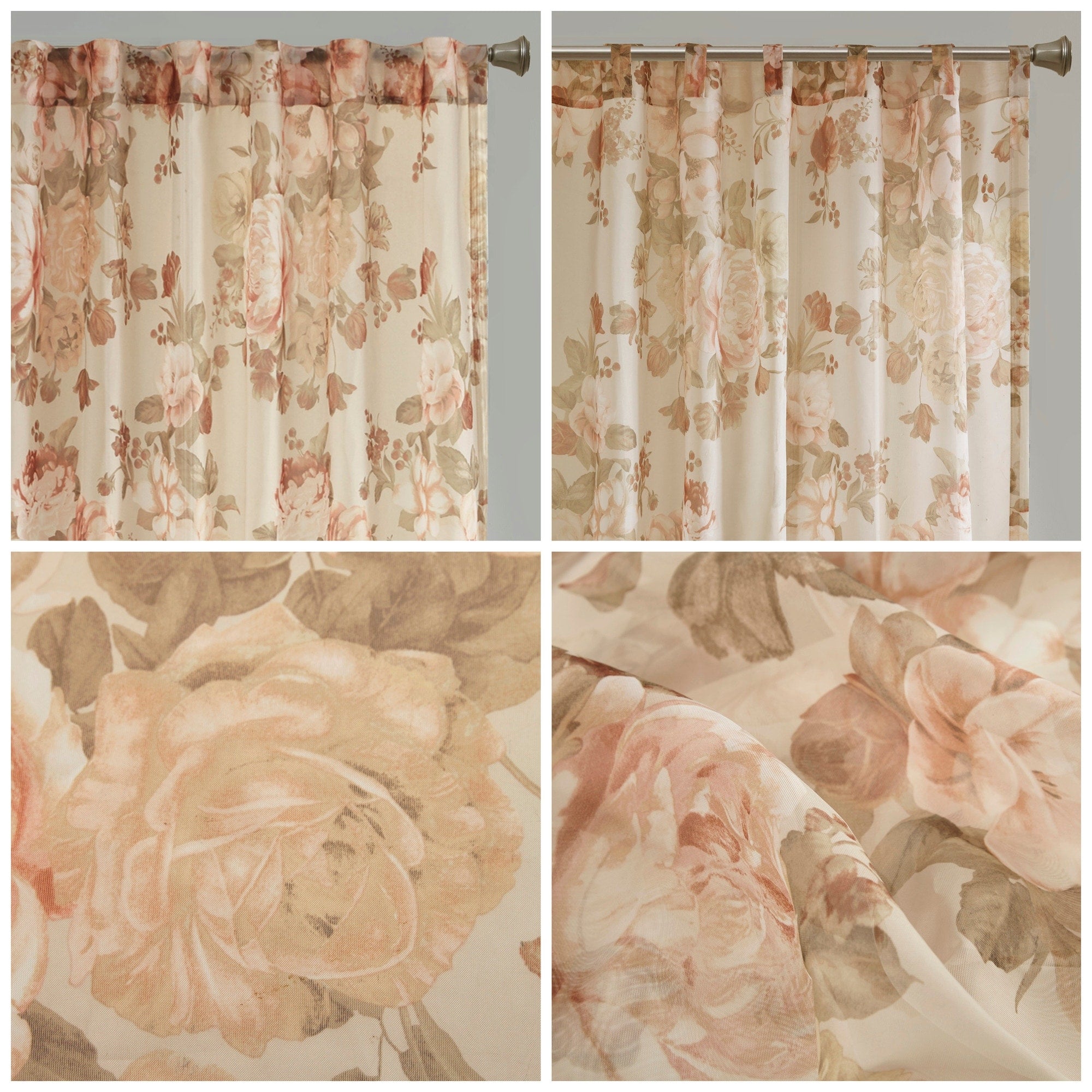 Madison Park Abelia Printed Floral Rod Pocket and Back Tab Voile Sheer Curtain