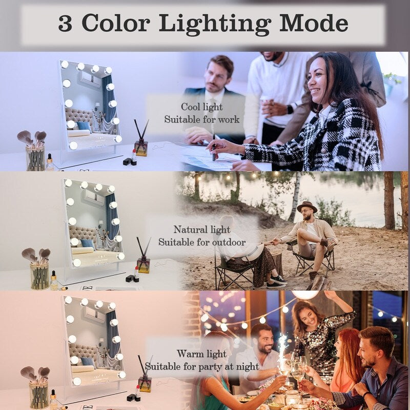 VANITII Hollywood Vanity Makeup Mirror With 12 LED Bulbs Wireless Charge White Bluetooth 10X Magnifying Glass Smart Control