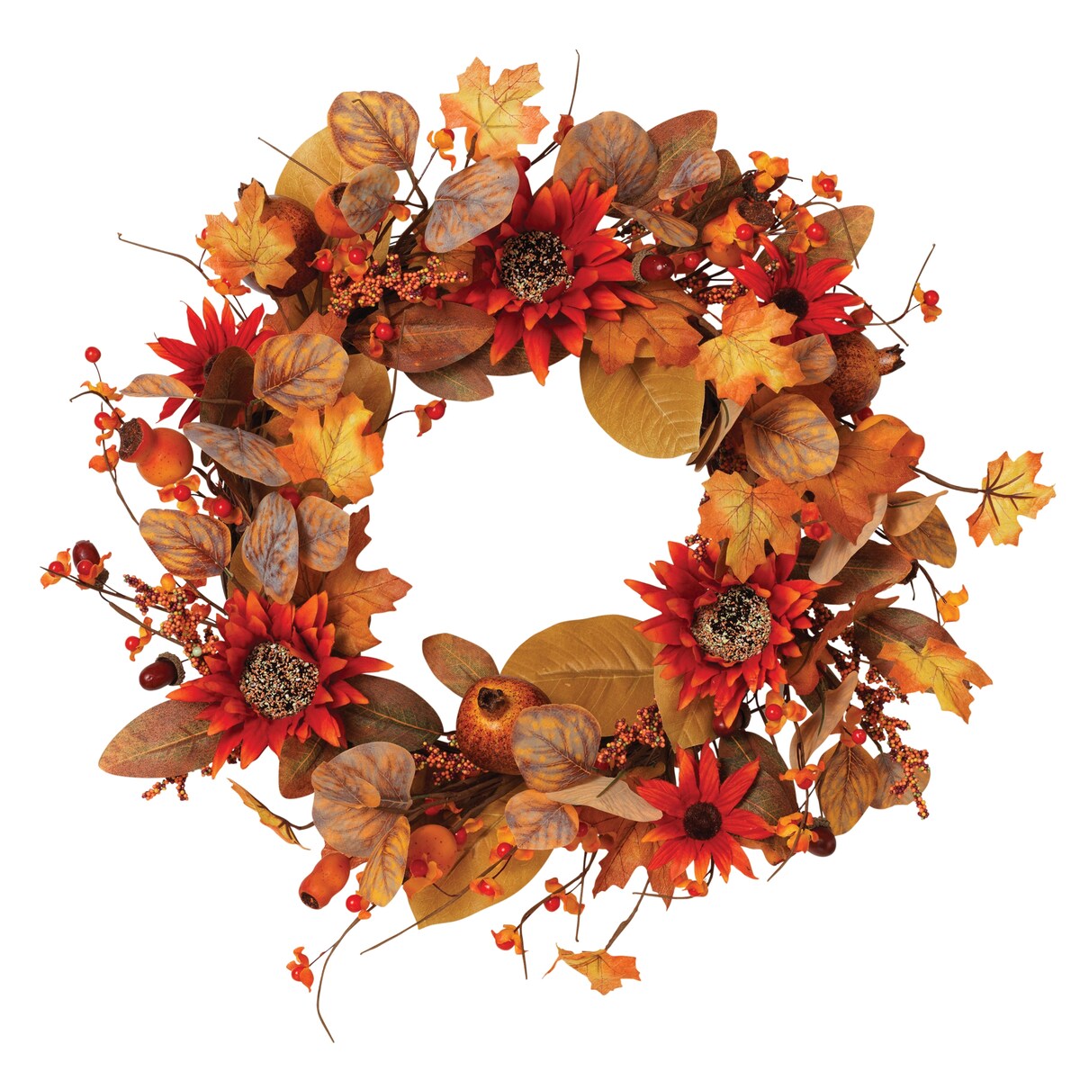 22 in. Fall Harvest Autumn Wreath with Berries and Sunflowers