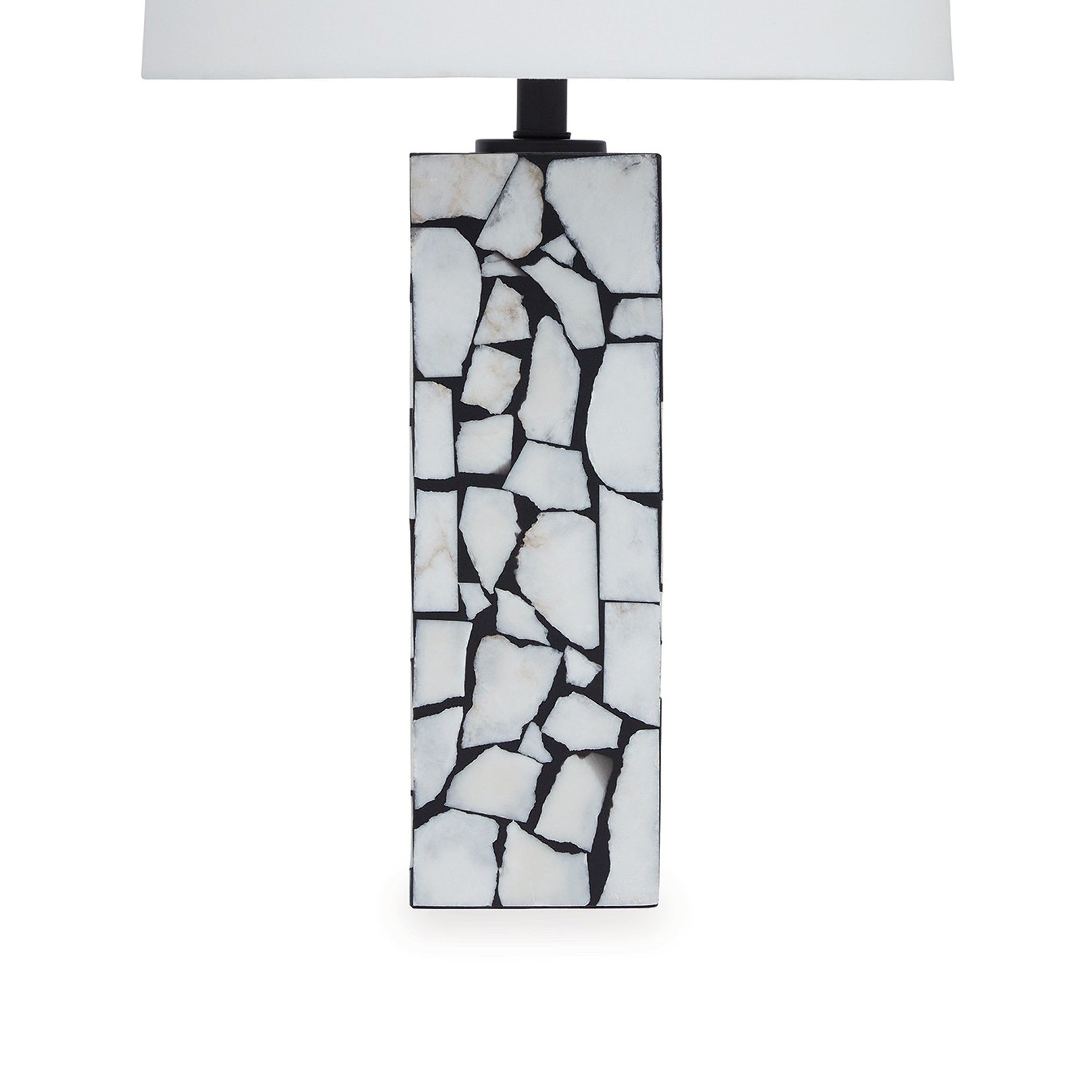 28 Inch Table Lamp, Drum Shade, Black and White Mosaic Marble Art Resin