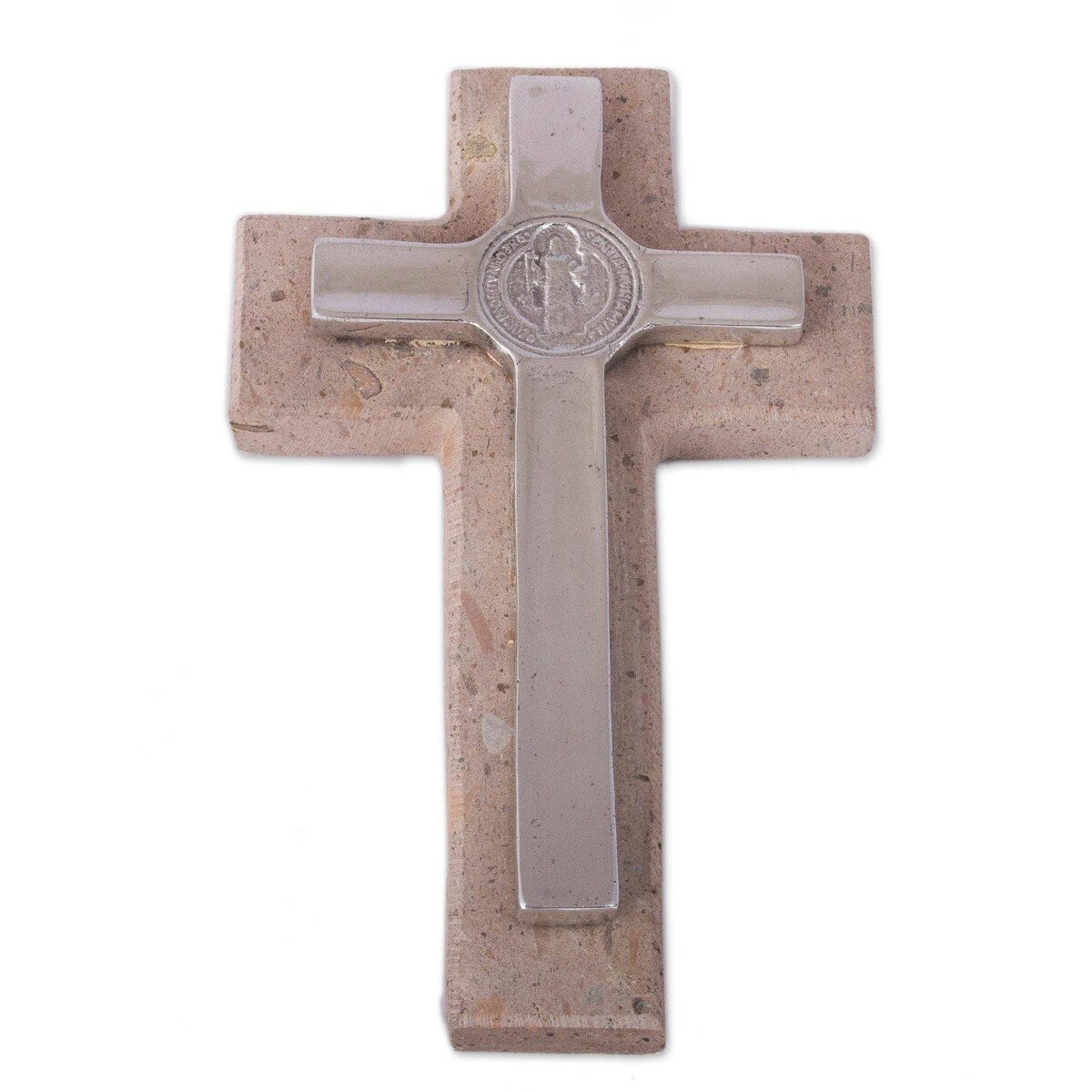 Handmade Saint Benedict Pewter And Reclaimed Stone Wall Cross (Mexico) - 8.25 H x 4.8 W x 1.1 D