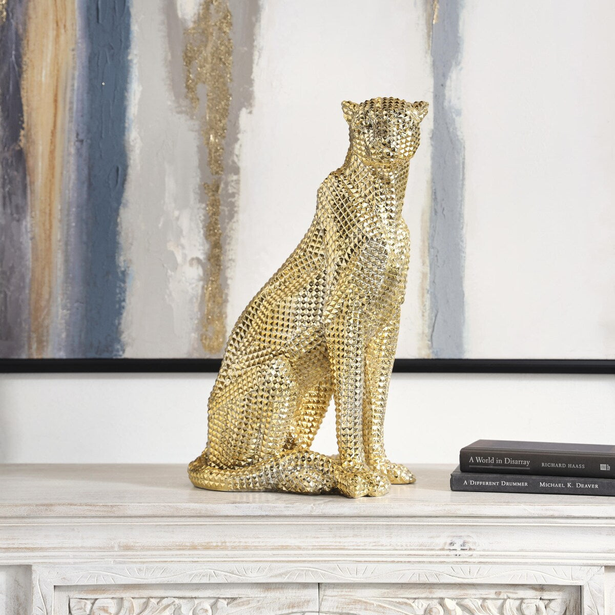 Resin Leopard Sitting Decorative Sculpture with Diamond Facet Texture - Gold - Roche River Decor